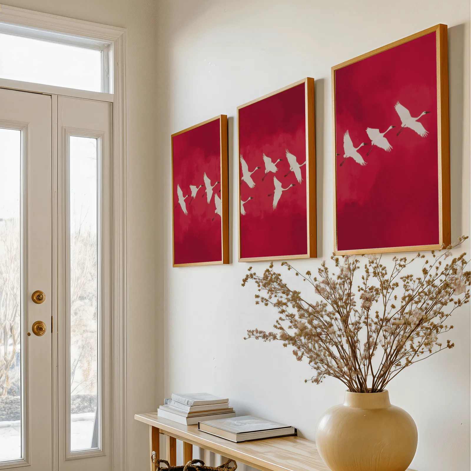 red crane wall art triptych, above a console table with a yellow vase of dried branches