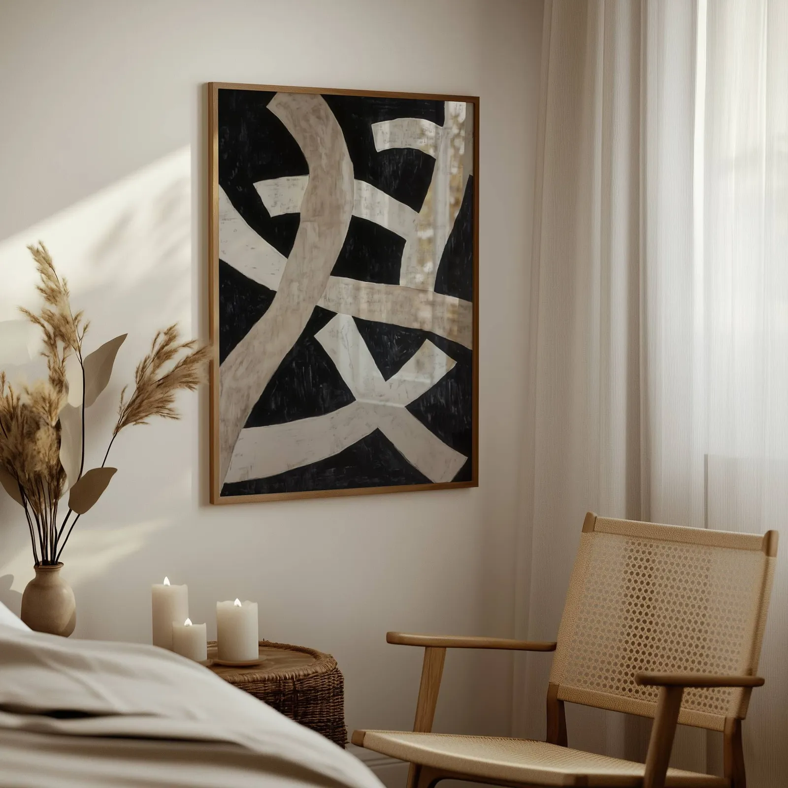 black minimalist abstract wall art with cream ribbons, above a woven side table with lit candles and pampas grass