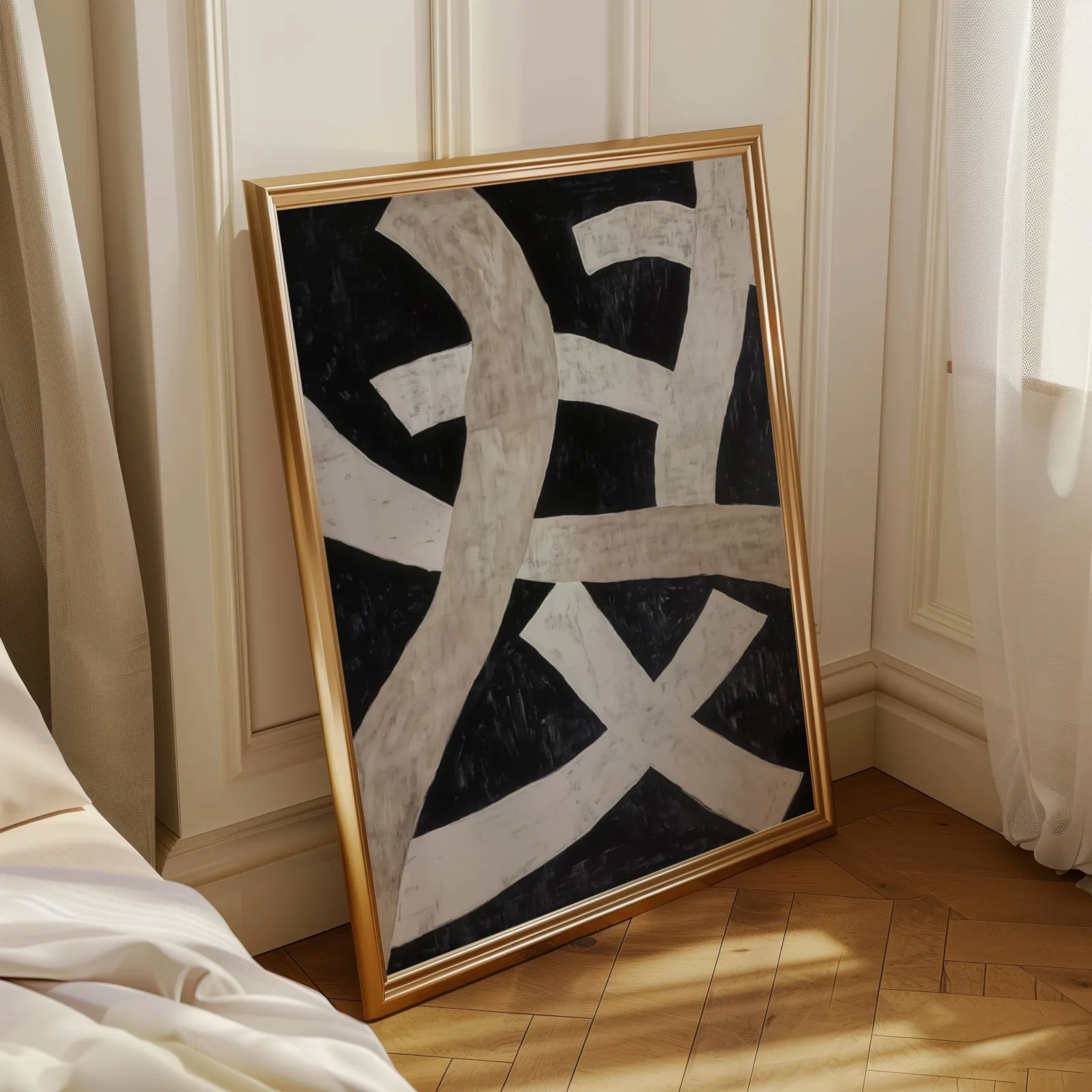 black minimalist abstract wall art with cream ribbons, leaning in a sunlit corner beside sheer curtains and herringbone floor