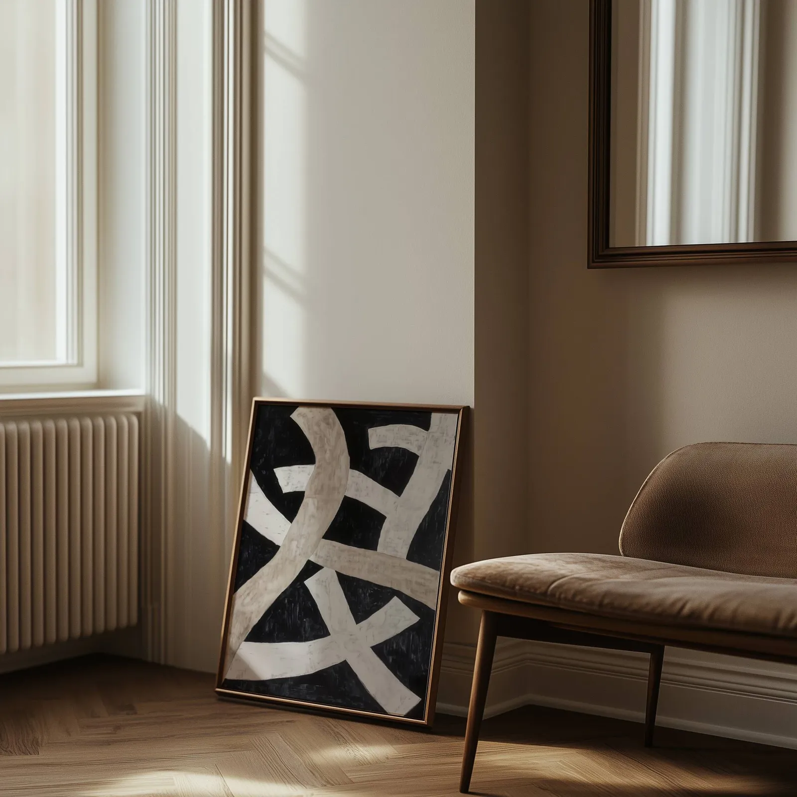 black minimalist abstract wall art with cream ribbons, leaning against the wall beside a sunlit radiator and herringbone floor