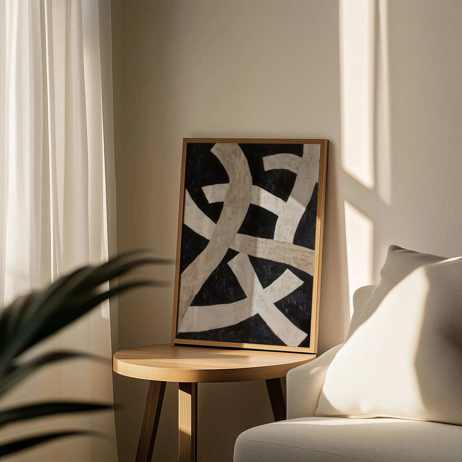black minimalist abstract wall art with cream ribbons, leaning on a round wooden side table by a sheer curtain