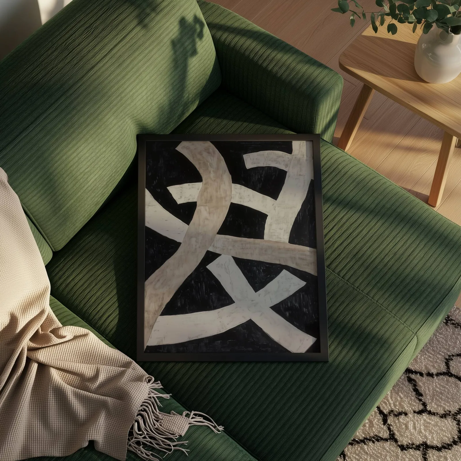 black minimalist abstract wall art with cream ribbons, propped on a ribbed olive-green sofa beside a fringed throw