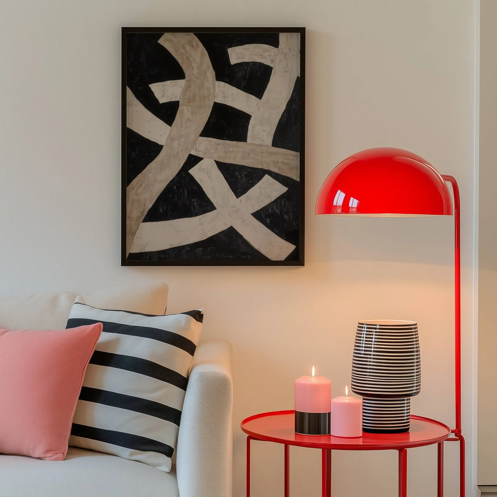black minimalist abstract wall art with cream ribbons, above a cream sofa beside a glossy red dome lamp
