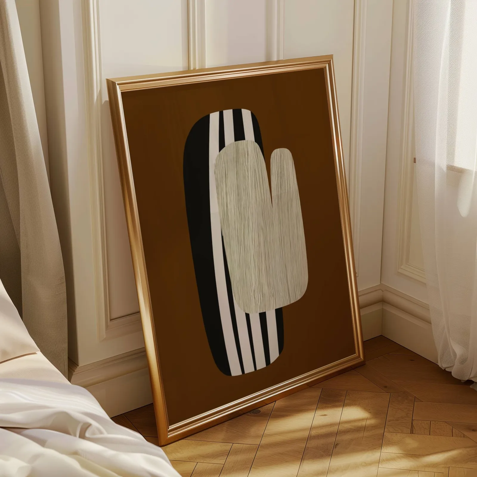 brown abstract wall art, leaning in a sunlit corner beside sheer curtains and herringbone floor