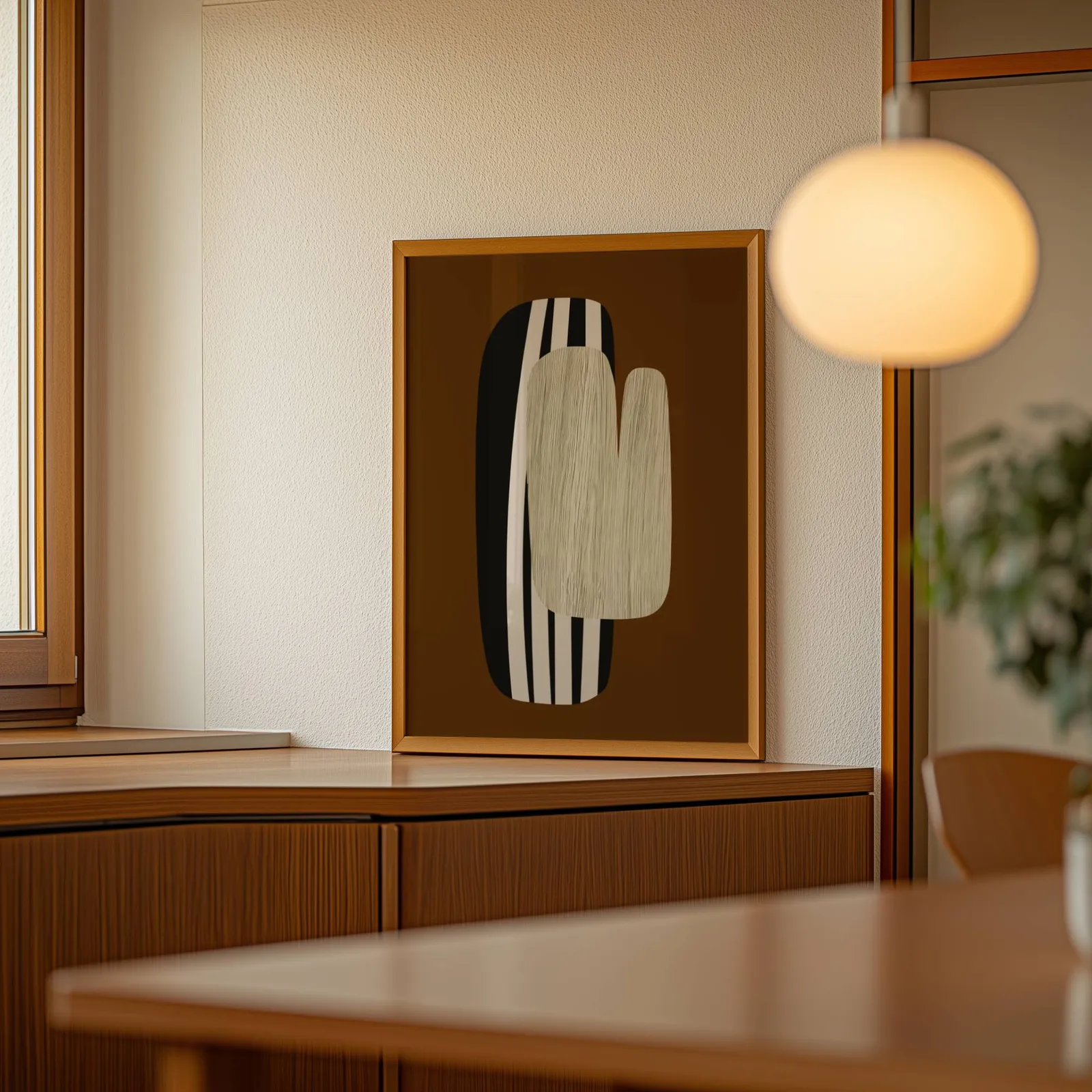 brown abstract wall art, leaning on a wooden sideboard beside a glowing globe pendant