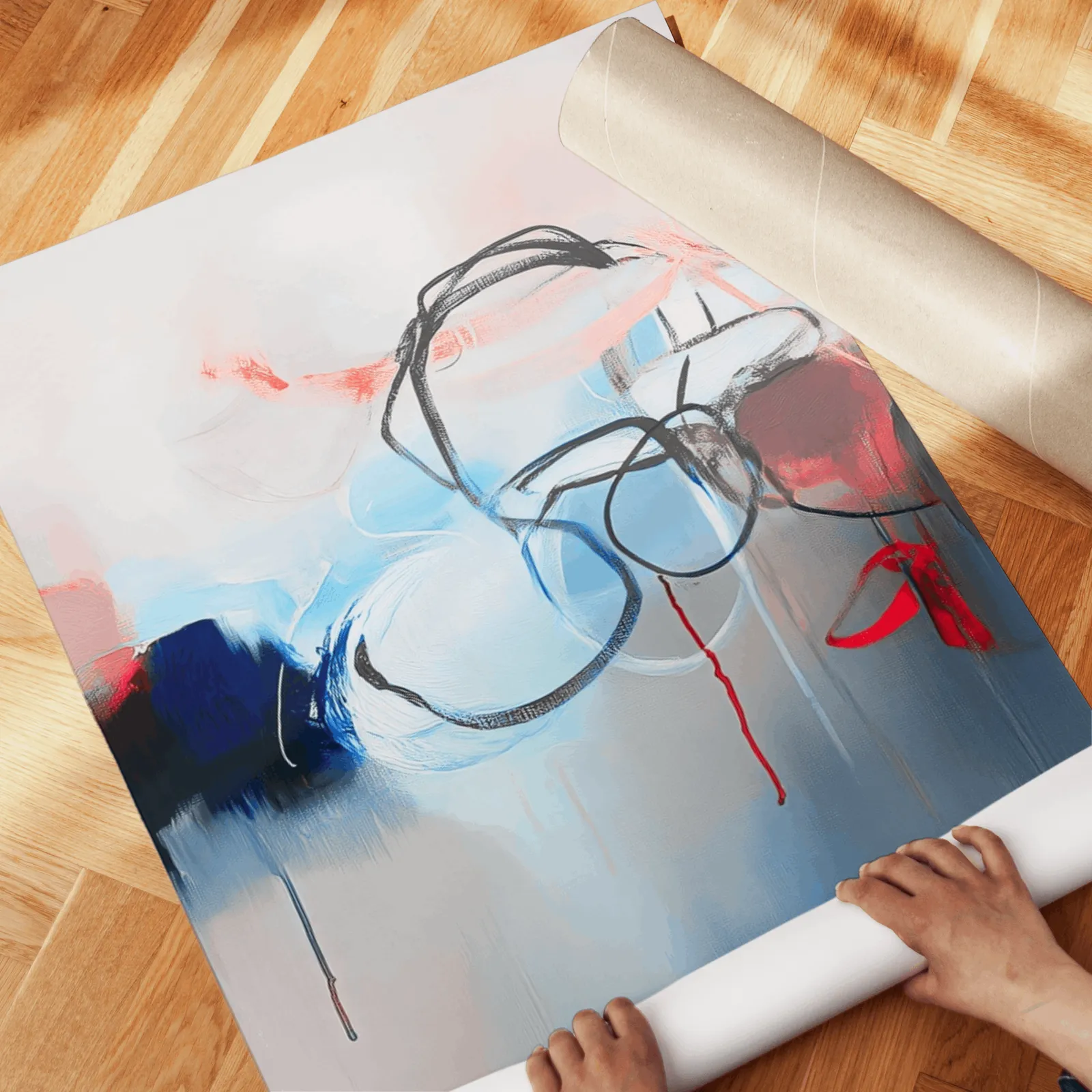 blue red abstract triptych wall art, unrolled across a herringbone wood floor by hand