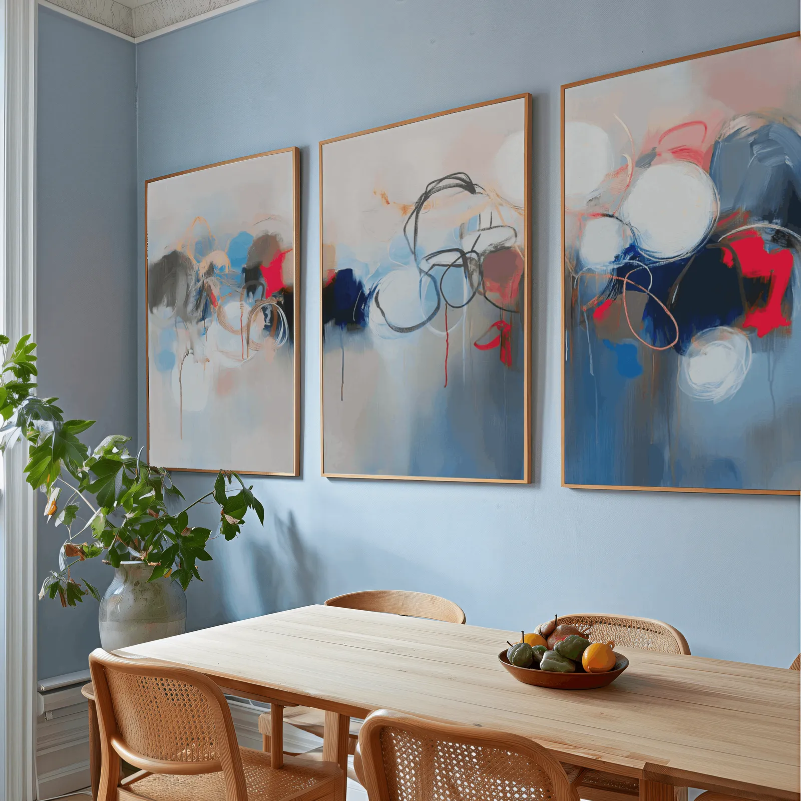 blue red abstract triptych wall art, above a wooden dining table with cane chairs and a fruit bowl