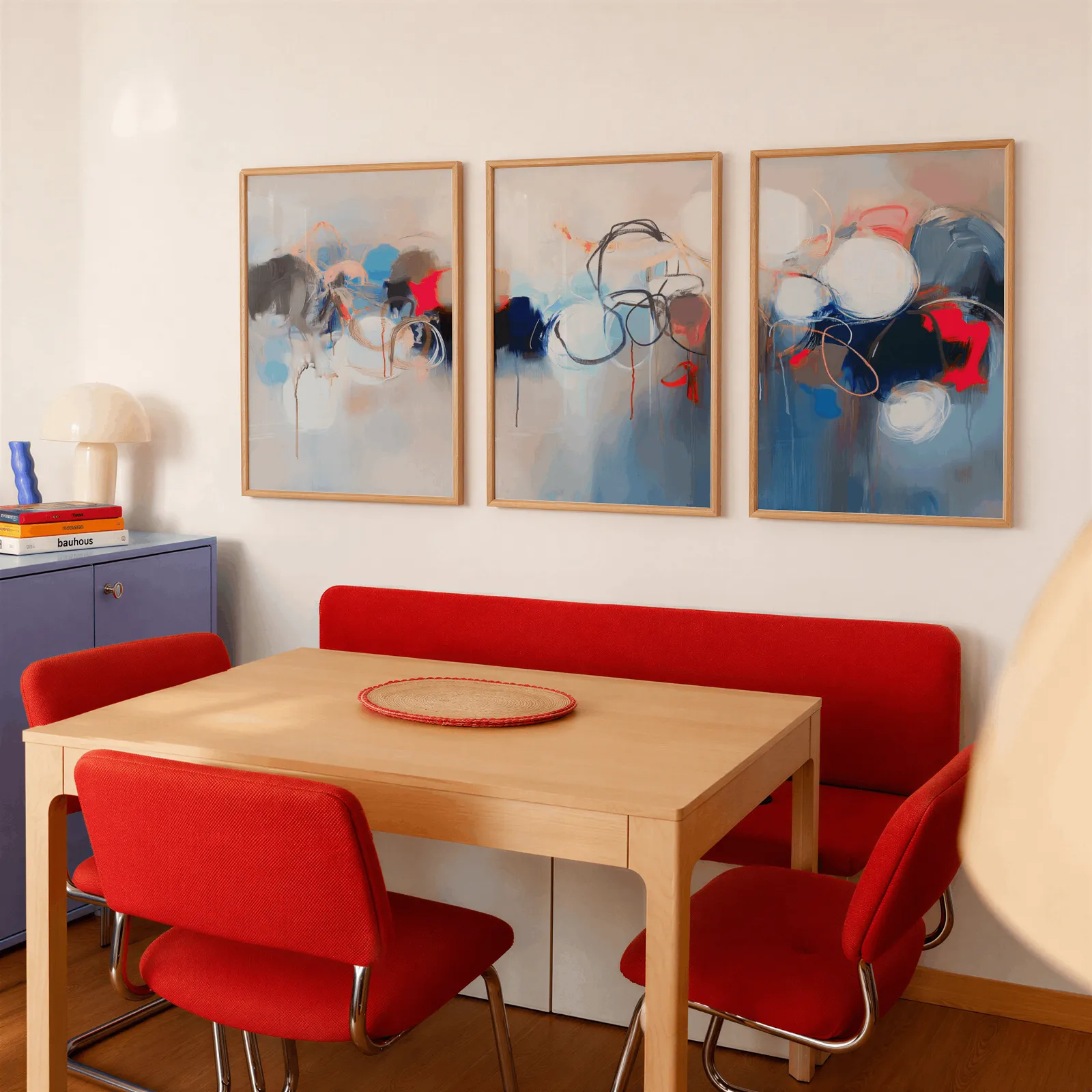 blue red abstract triptych wall art, above a red banquette bench beside a lavender cabinet