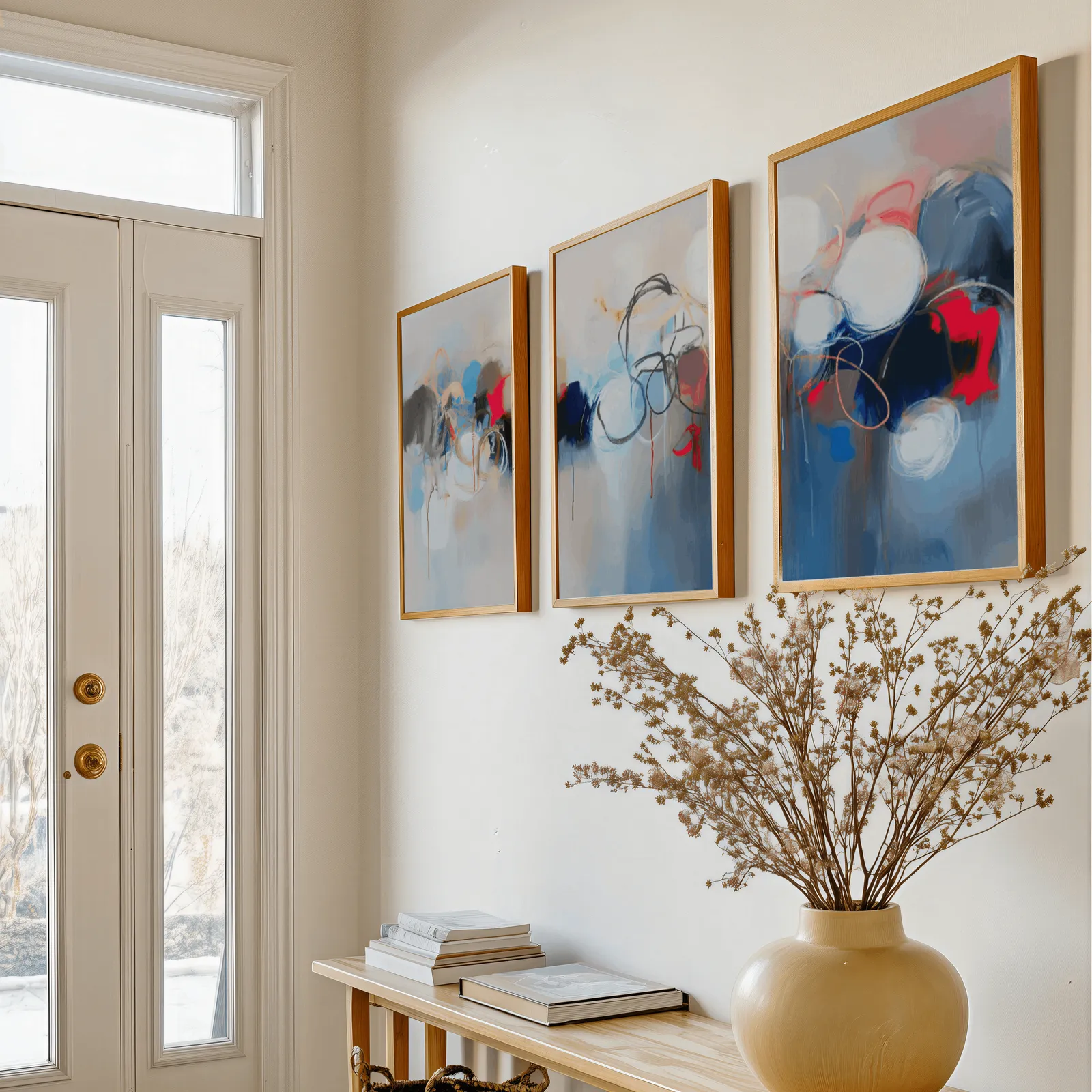 blue red abstract triptych wall art, above a console table with a yellow vase of dried branches