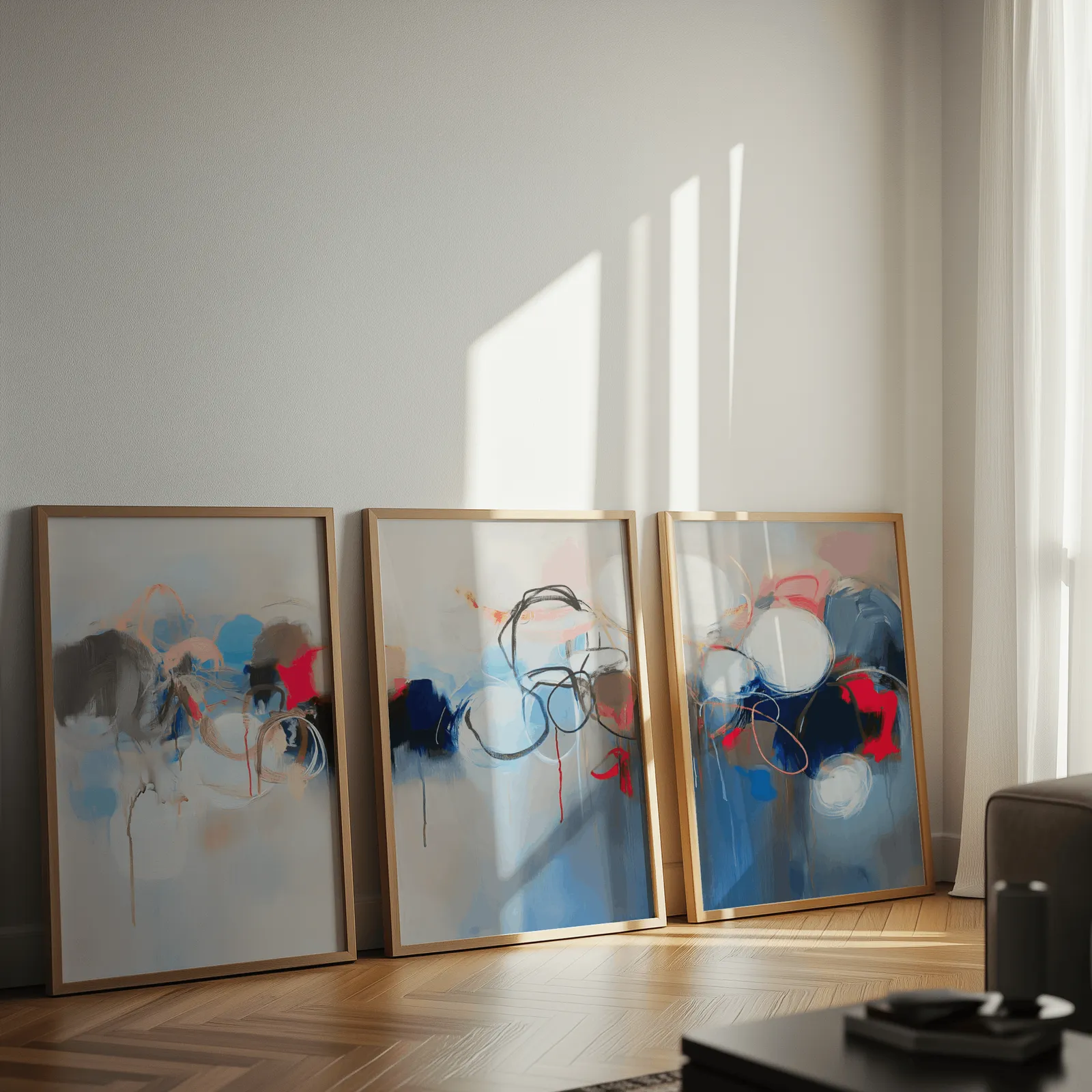 blue red abstract triptych wall art, leaning against a sunlit wall on herringbone flooring