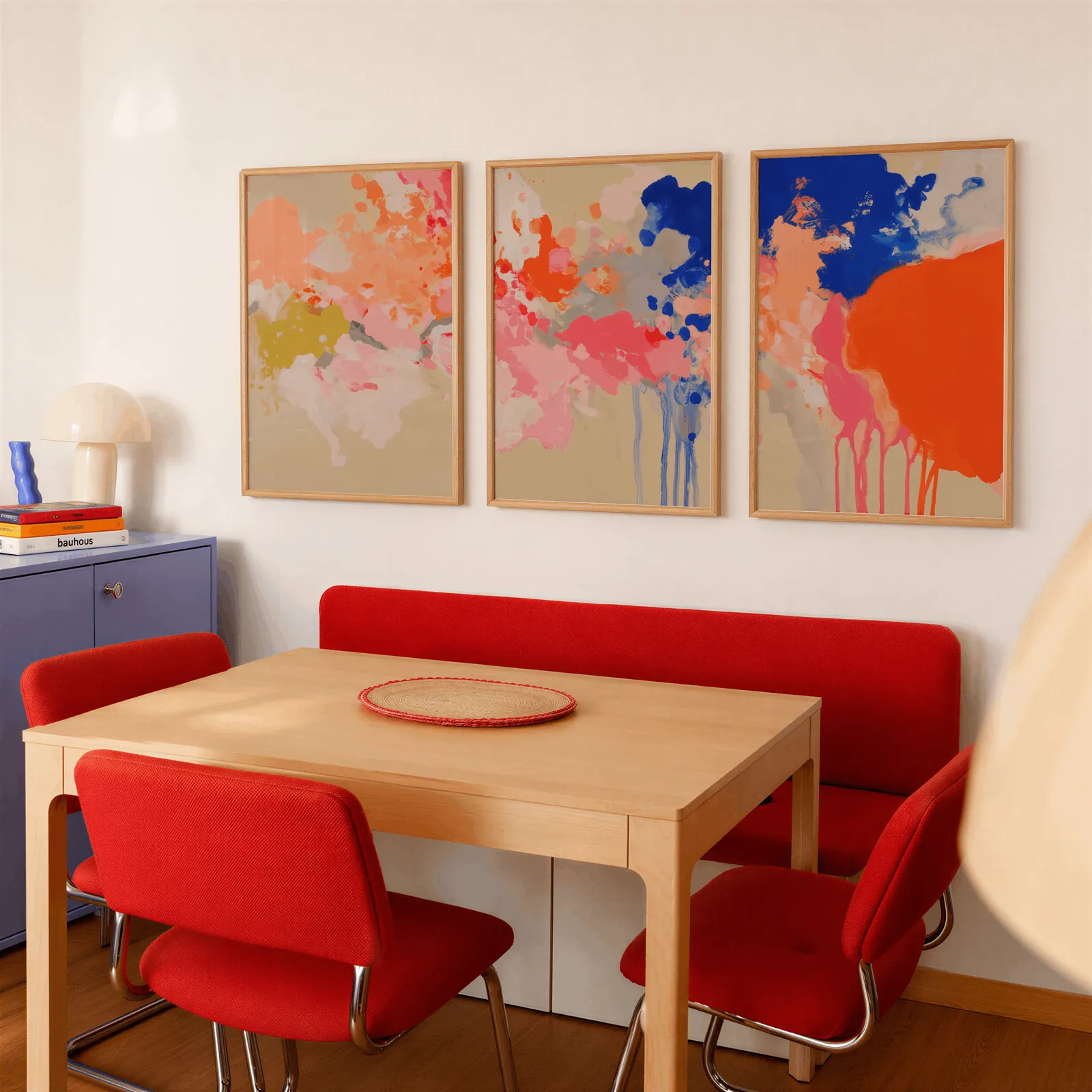colorful abstract wall art set of three, above a red banquette bench beside a lavender cabinet