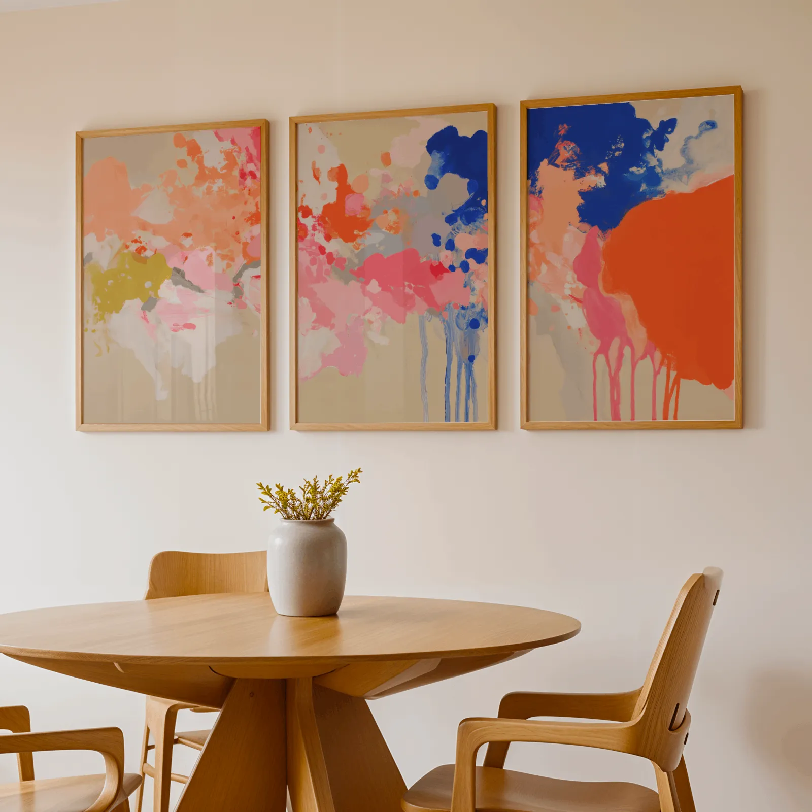 colorful abstract wall art set of three, above a round wooden table with a stoneware vase
