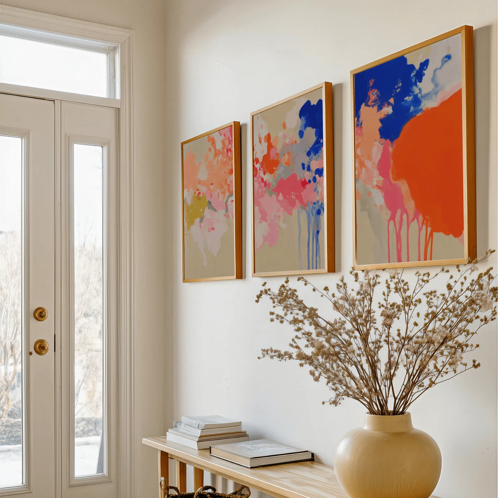 colorful abstract wall art set of three, above a console table with a yellow vase of dried branches