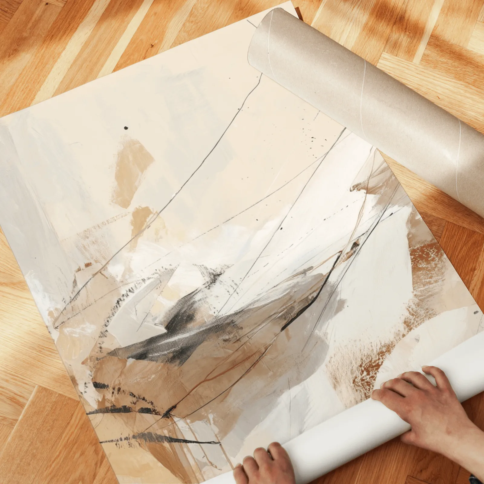 neutral abstract wall art set of 3, unrolled across a herringbone wood floor by hand