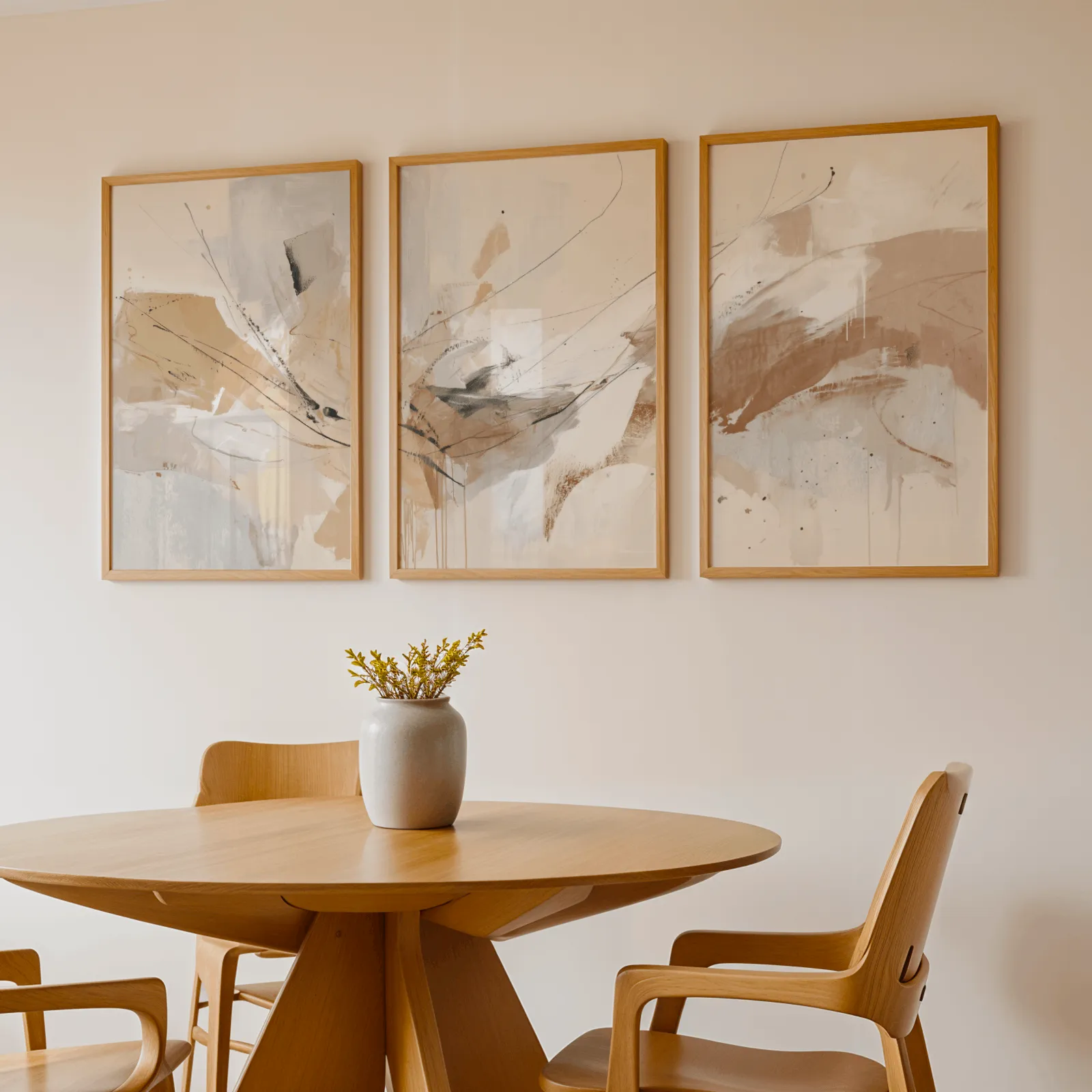 neutral abstract wall art set of 3, above a round wooden table with a stoneware vase