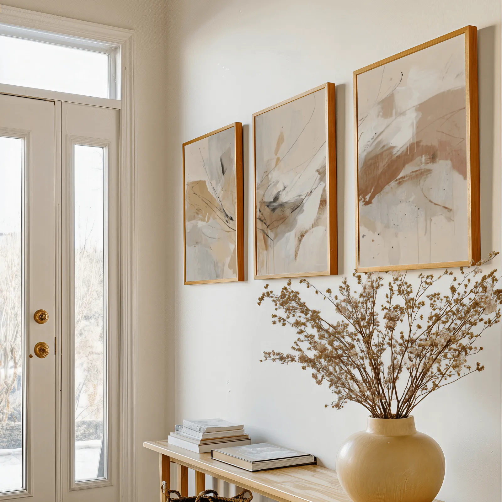 neutral abstract wall art set of 3, above a console table with a yellow vase of dried branches