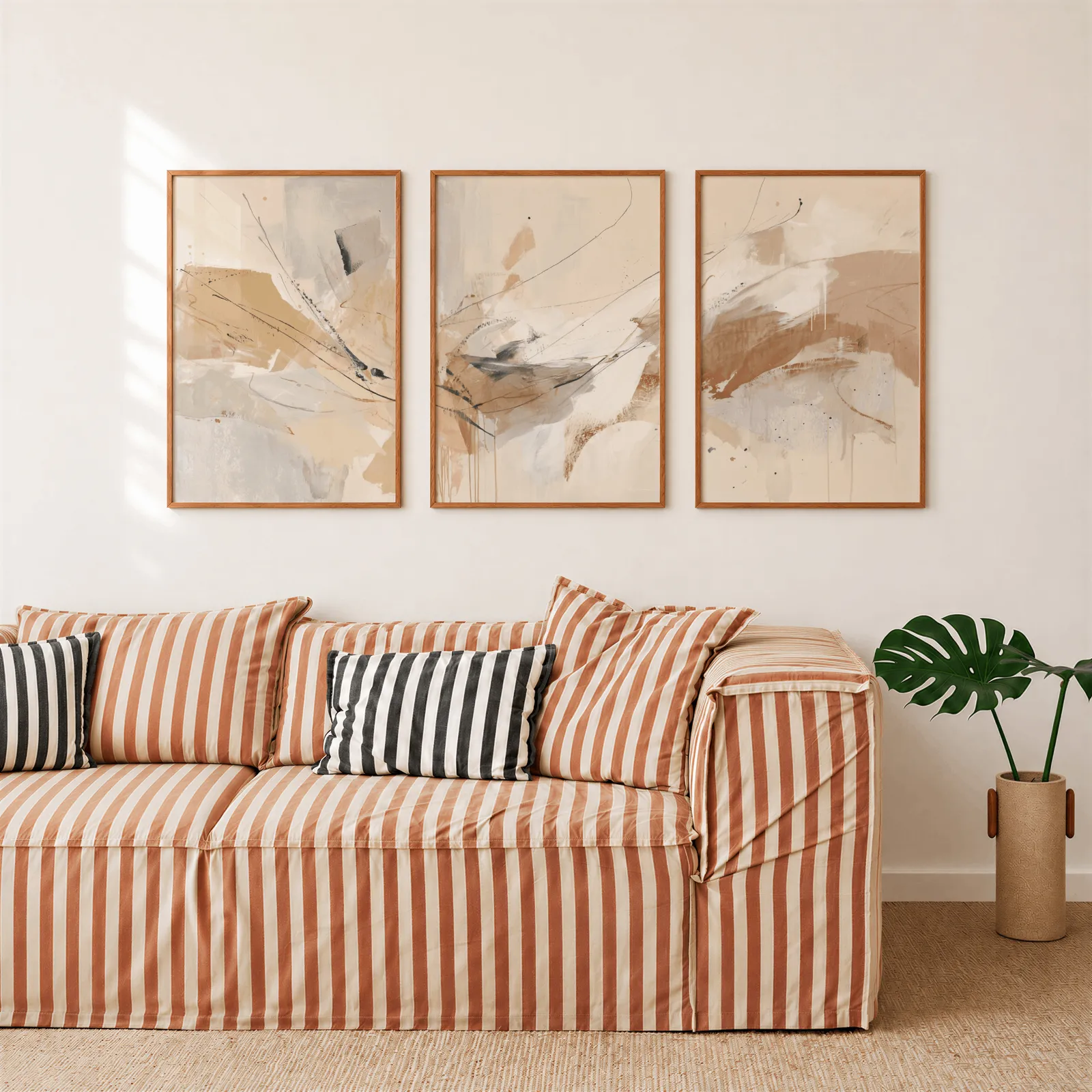 neutral abstract wall art set of 3, above a rust-striped sofa beside a potted monstera