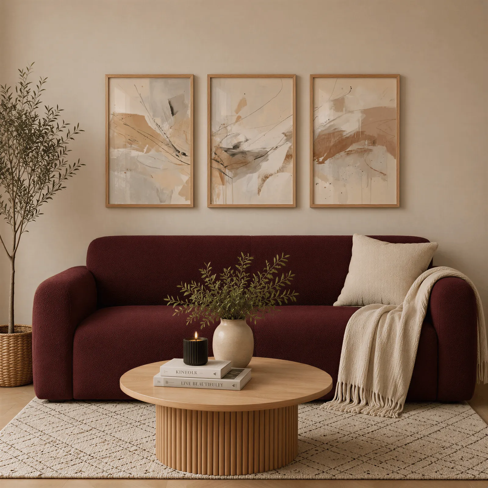 neutral abstract wall art set of 3, above a burgundy boucle sofa with a cream throw