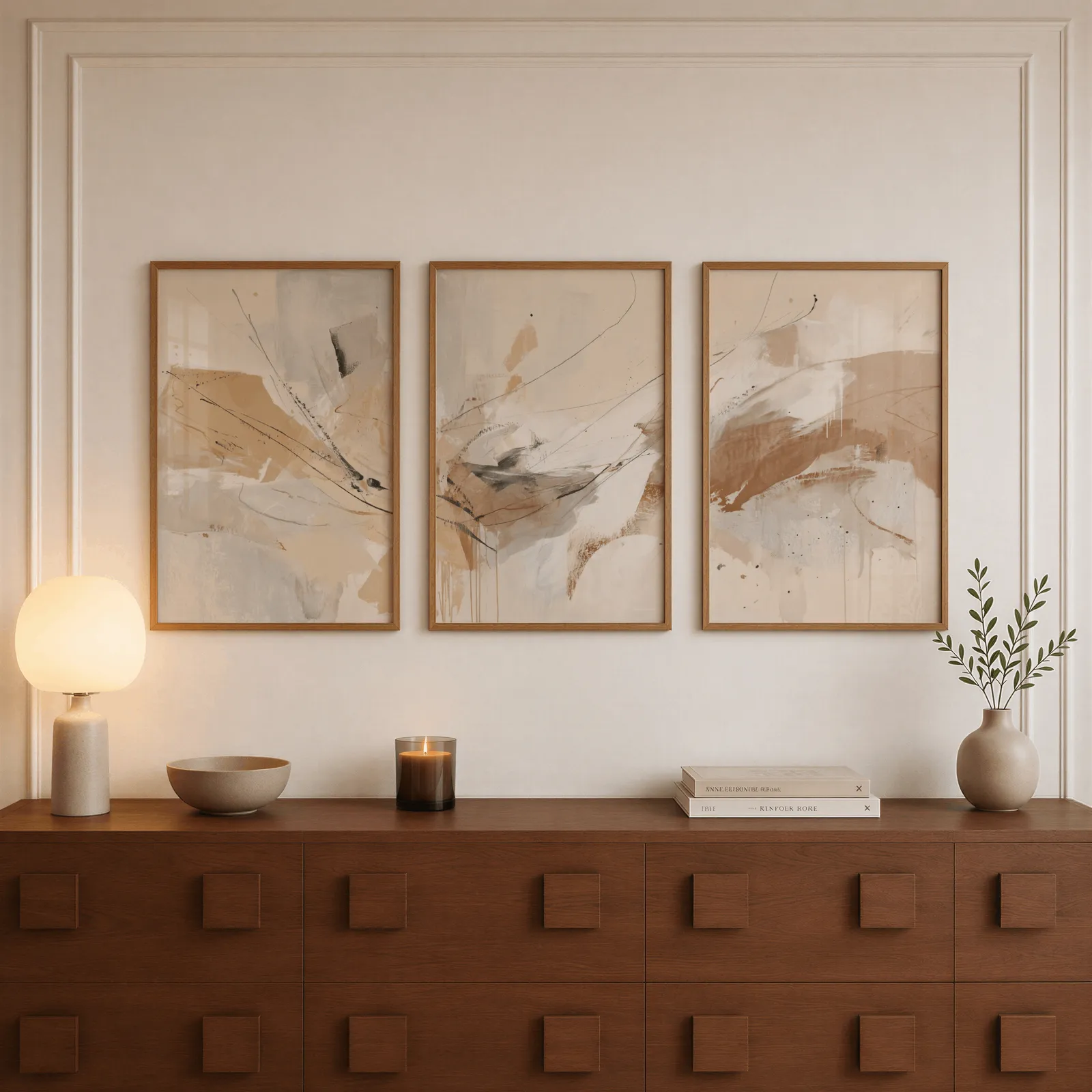 neutral abstract wall art set of 3, above a walnut sideboard with a lit candle and glowing lamp