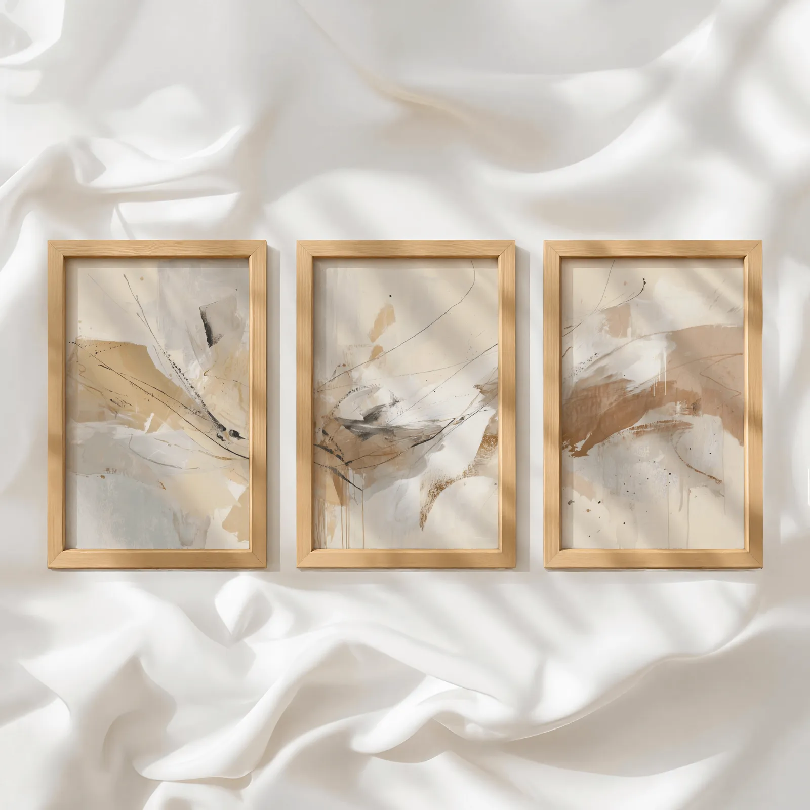 neutral abstract wall art set of 3, in a row atop rumpled white silky fabric
