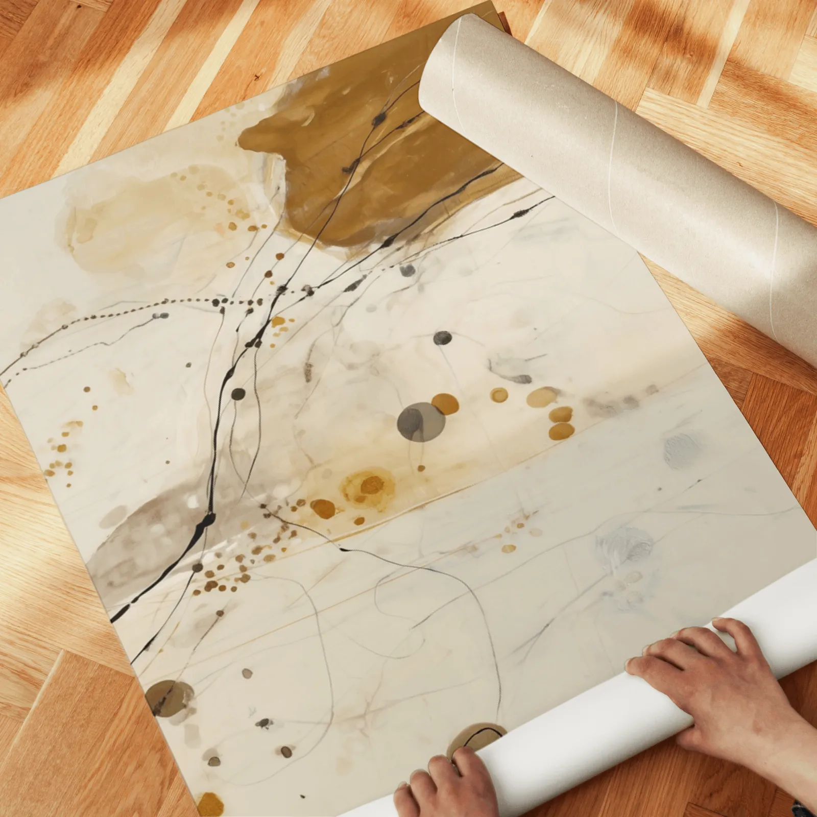 beige and ochre abstract wall art set of 2, unrolled across a herringbone parquet floor by hand