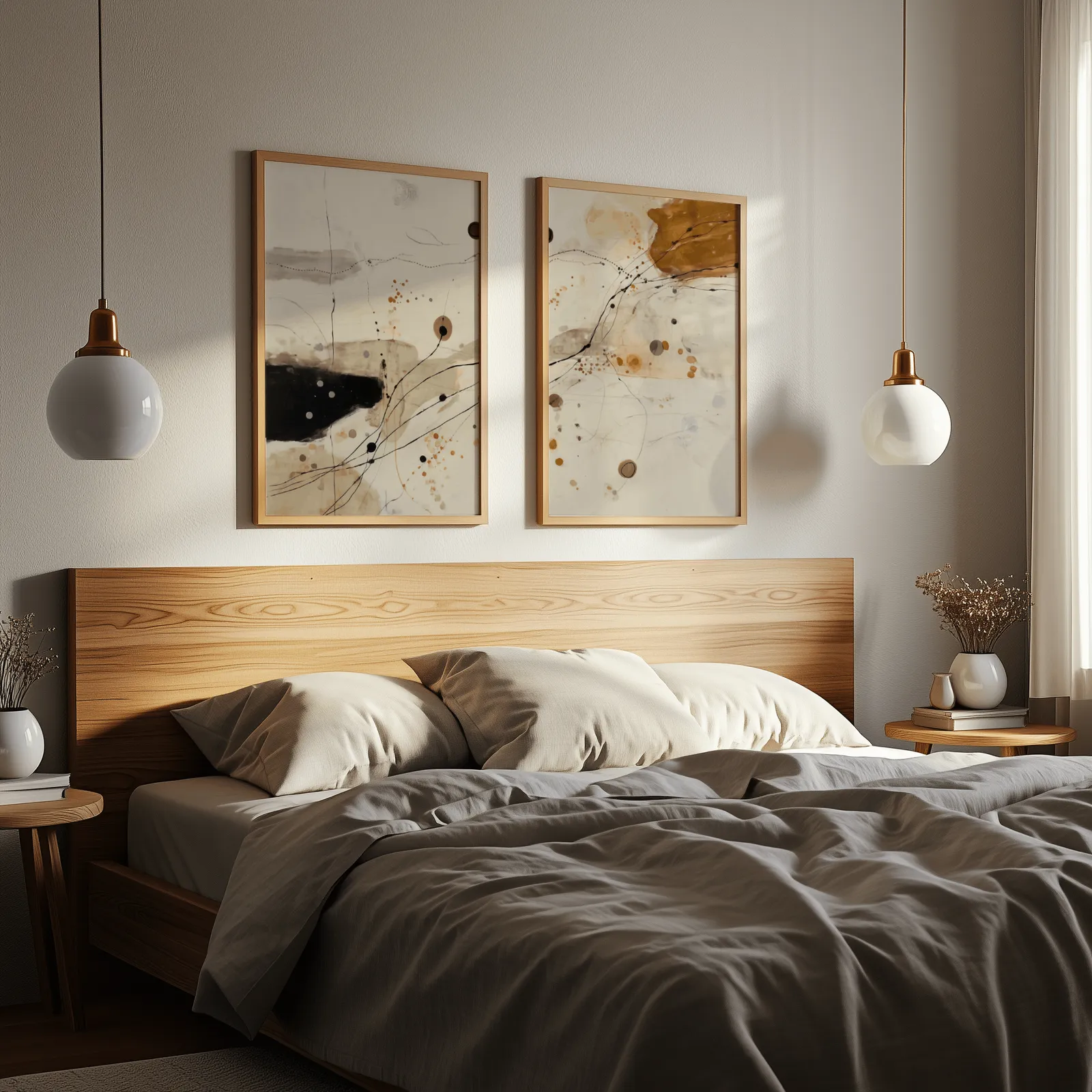 beige and ochre abstract wall art set of 2, above a wooden headboard flanked by globe pendant lights