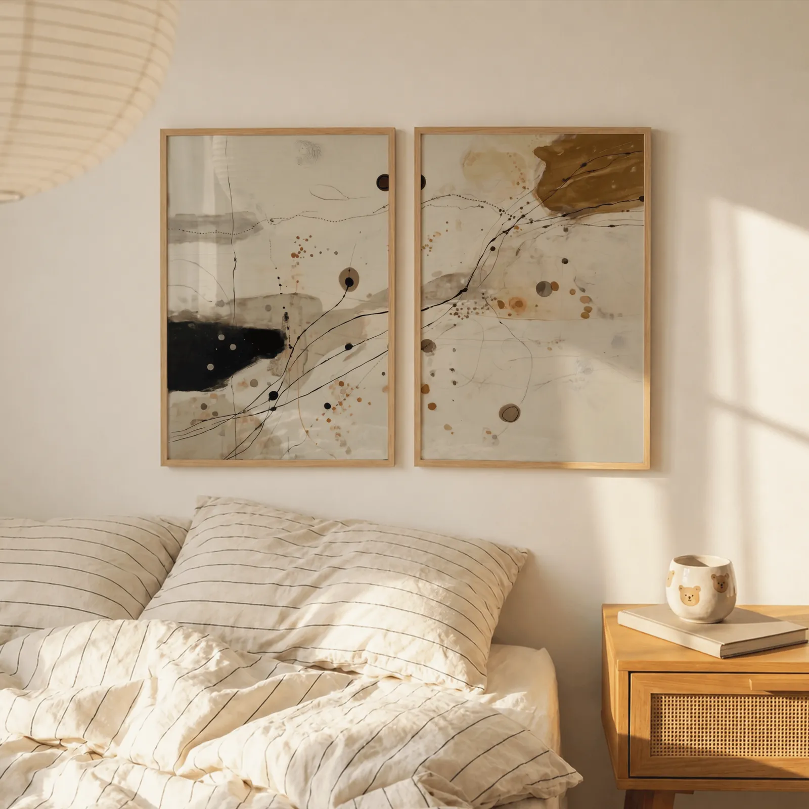 beige and ochre abstract wall art set of 2, above a striped linen bed beside a paper lantern shade