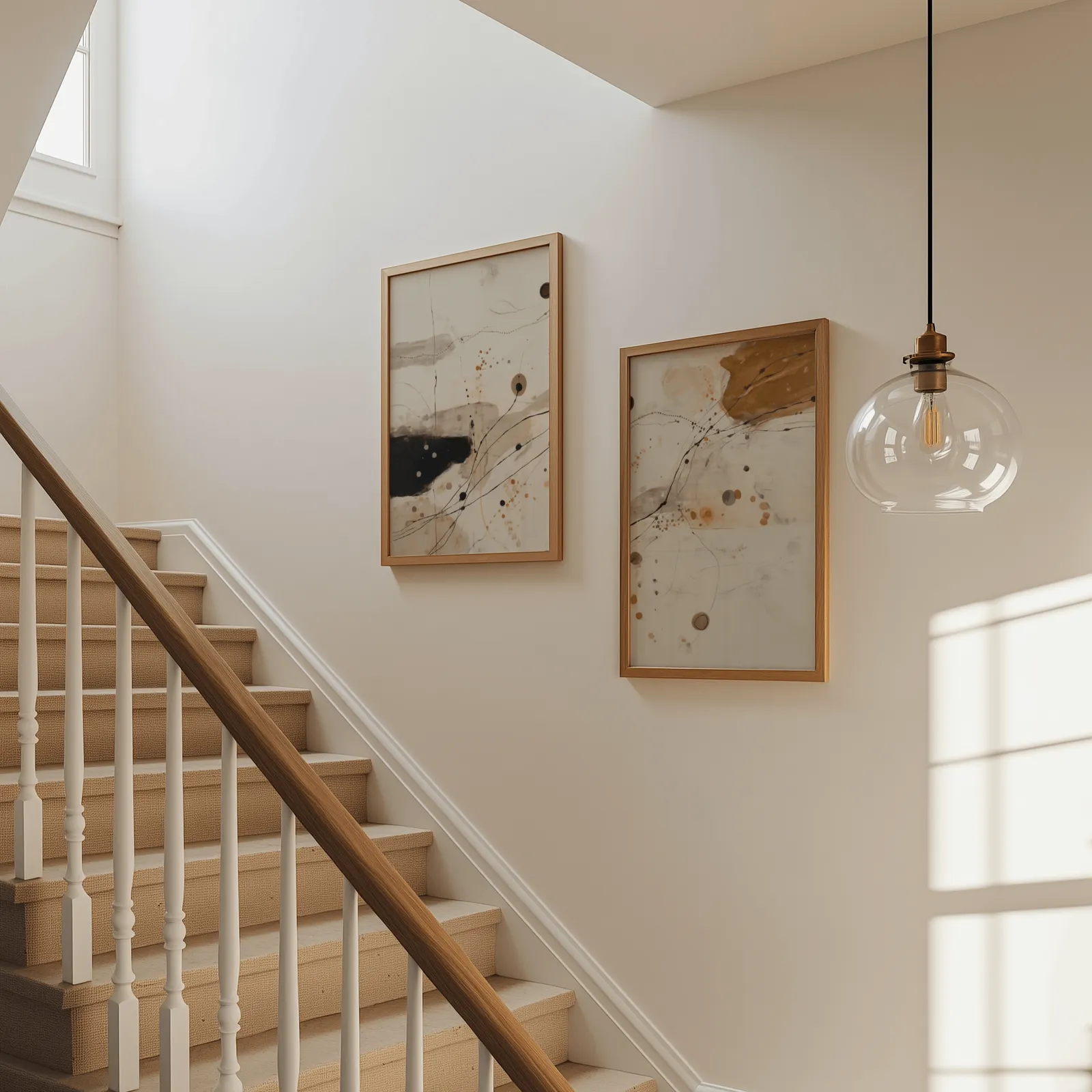 beige and ochre abstract wall art set of 2, beside a carpeted staircase under a glass pendant light