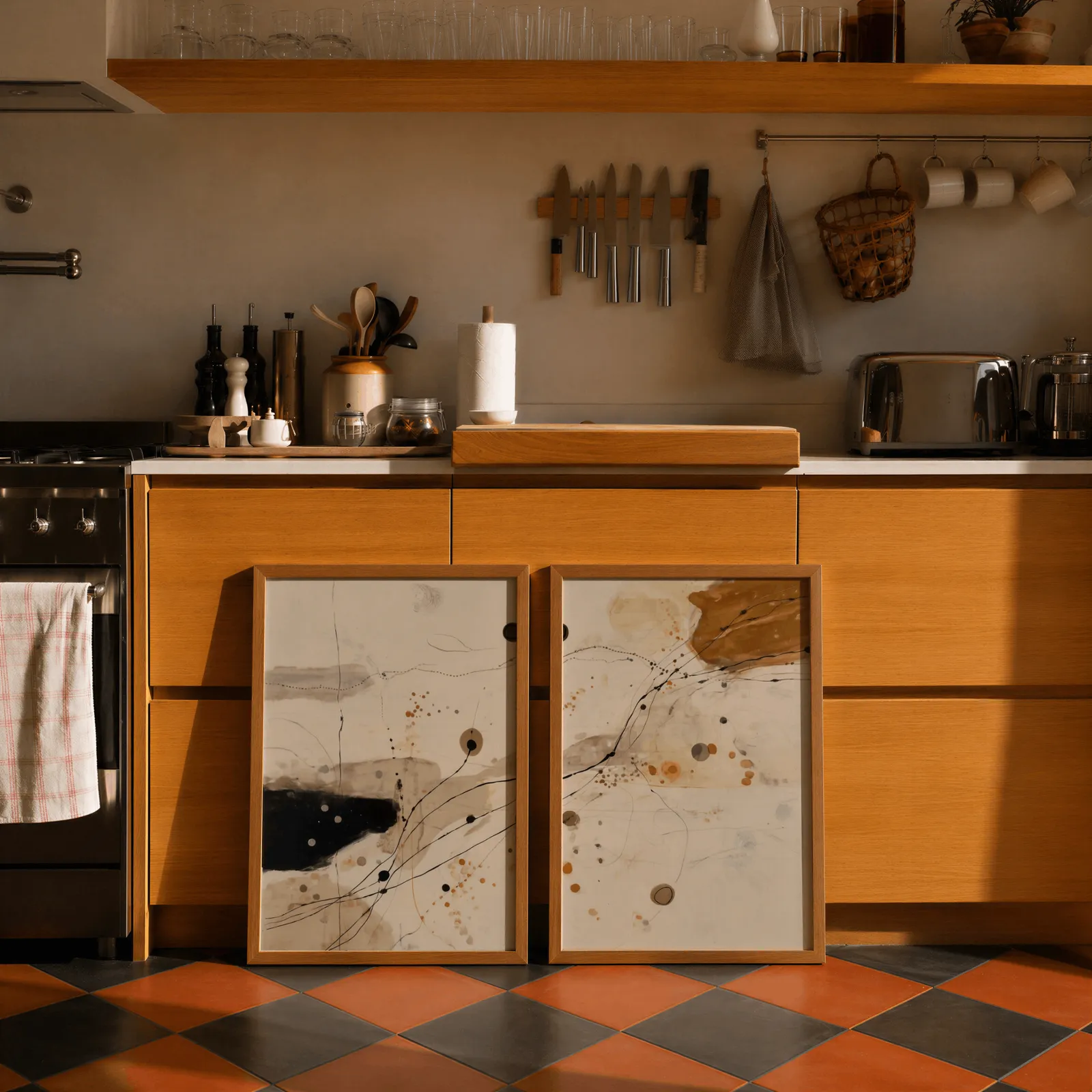 beige and ochre abstract wall art set of 2, leaning against wooden cabinets on terracotta tiled floor