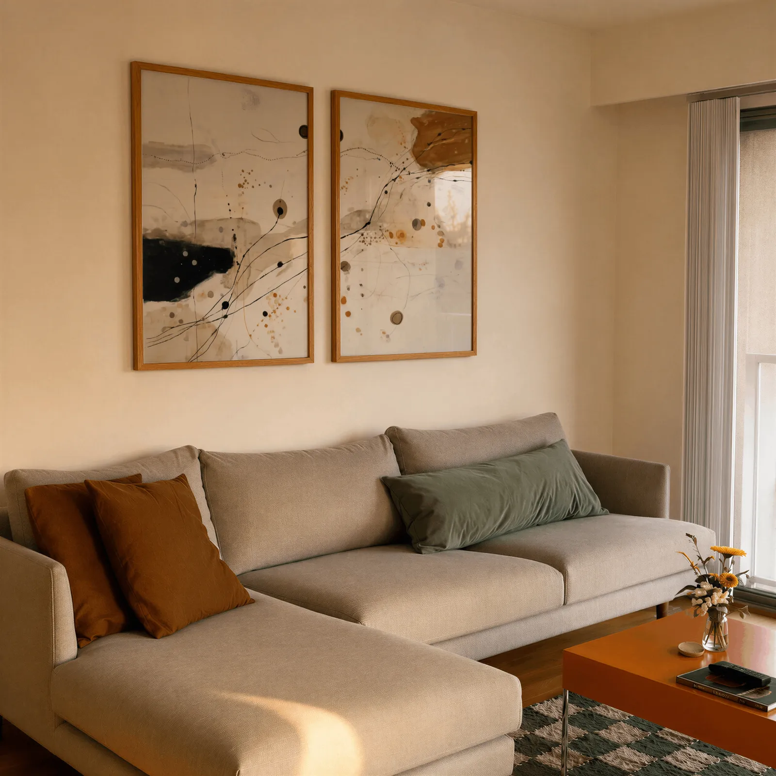 beige and ochre abstract wall art set of 2, side by side above a beige sectional sofa