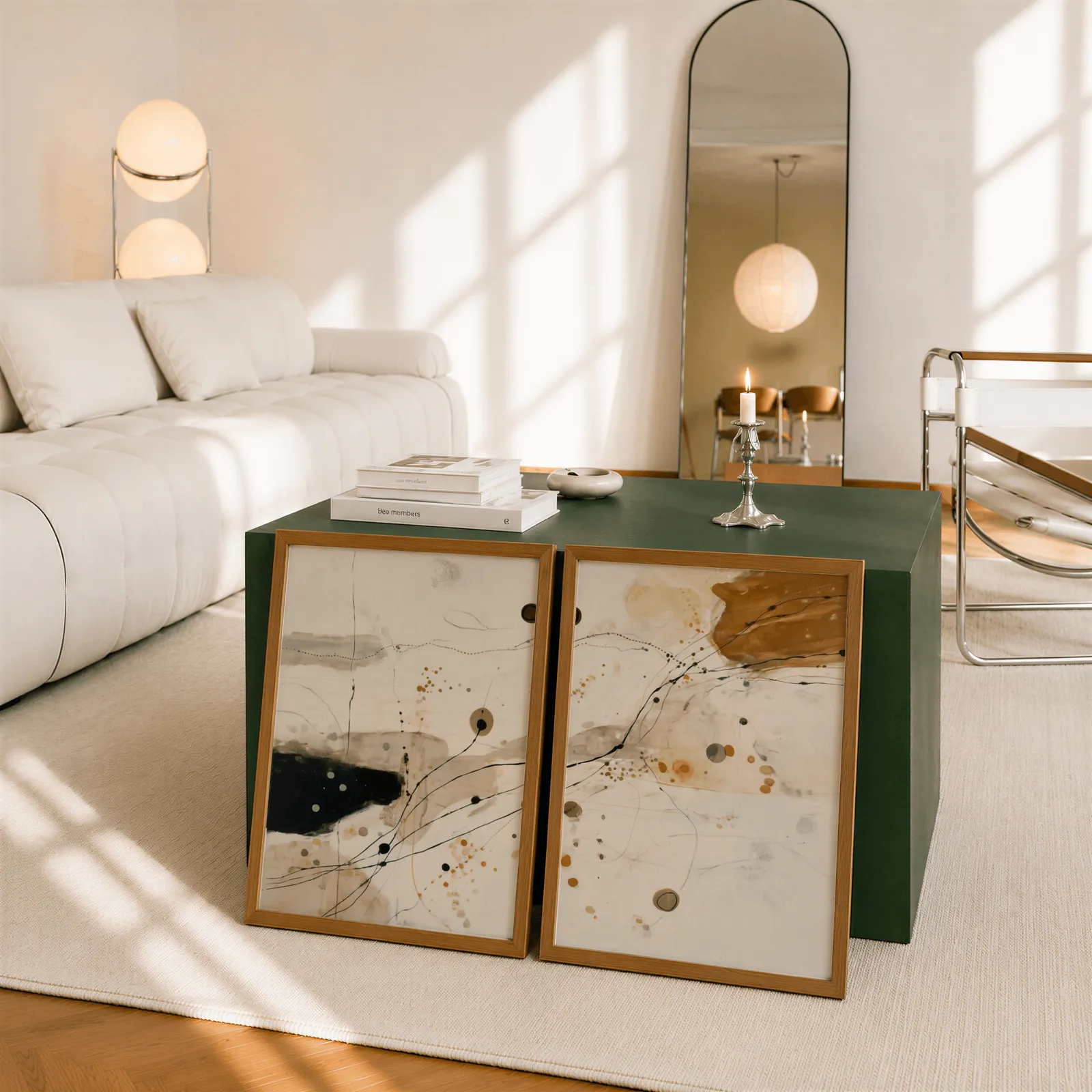 beige and ochre abstract wall art set of 2, leaning against a dark green cube table beside an arched mirror