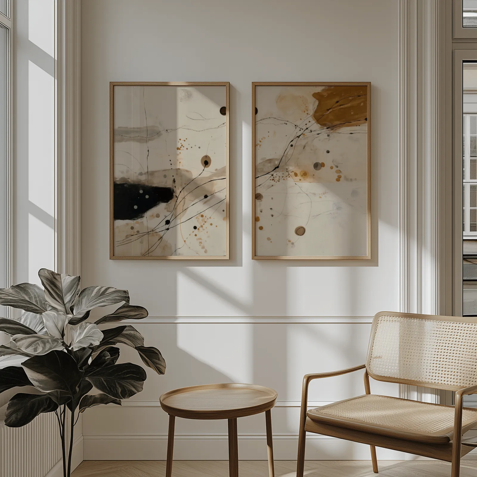 beige and ochre abstract wall art set of 2, above wainscoting beside a cane armchair and fiddle-leaf fig