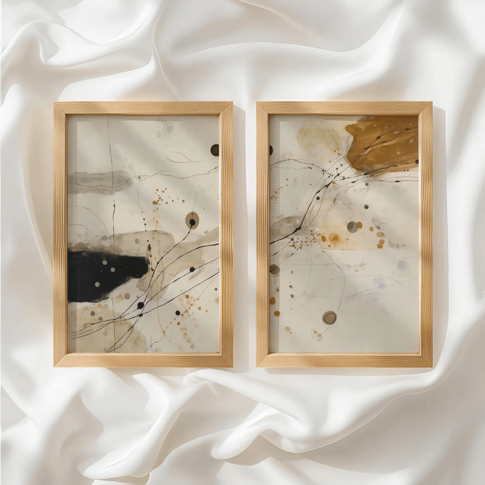 beige and ochre abstract wall art set of 2, side by side atop rumpled white silky fabric