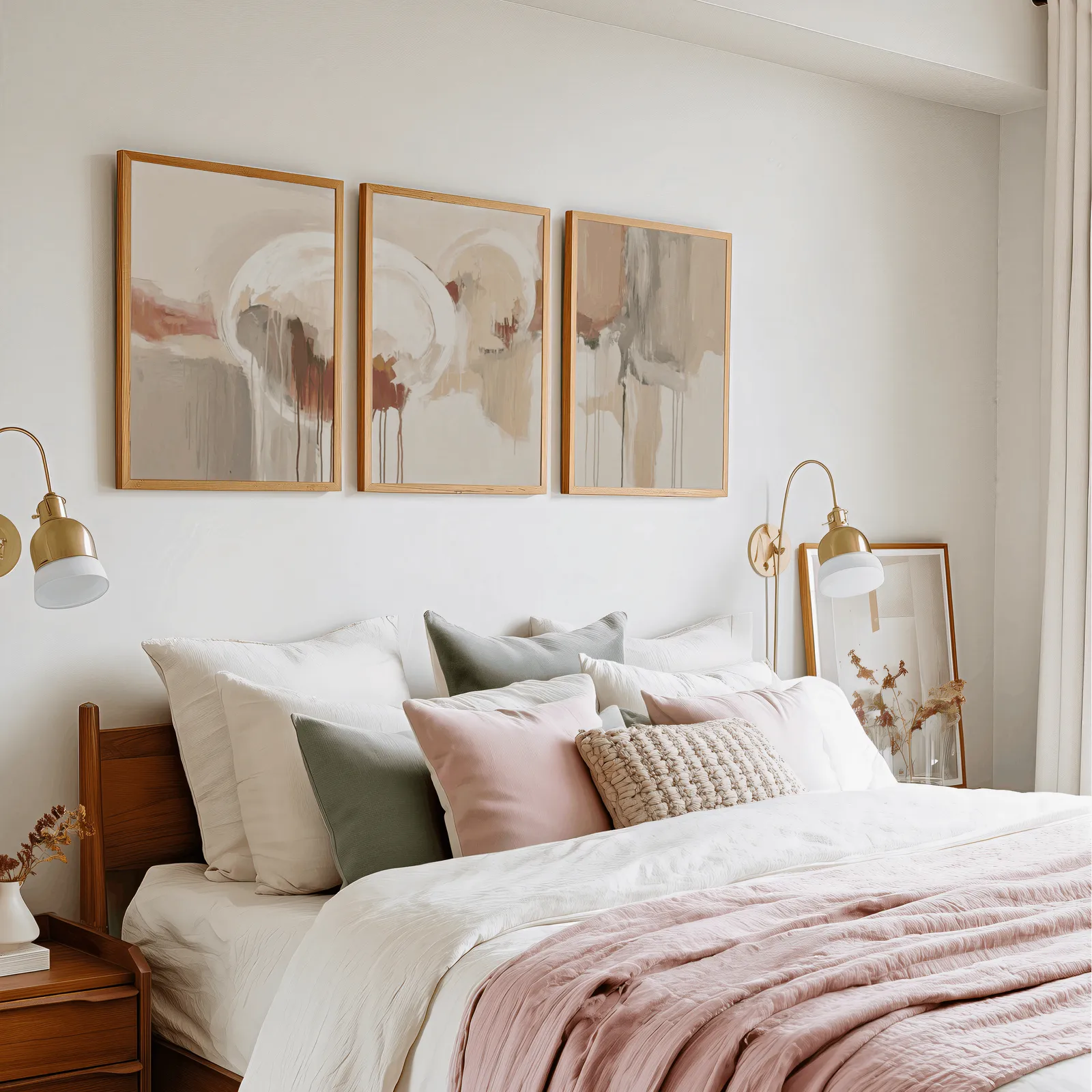 terracotta and grey abstract wall art set of 3, in a row above a pink and cream bed with brass sconces