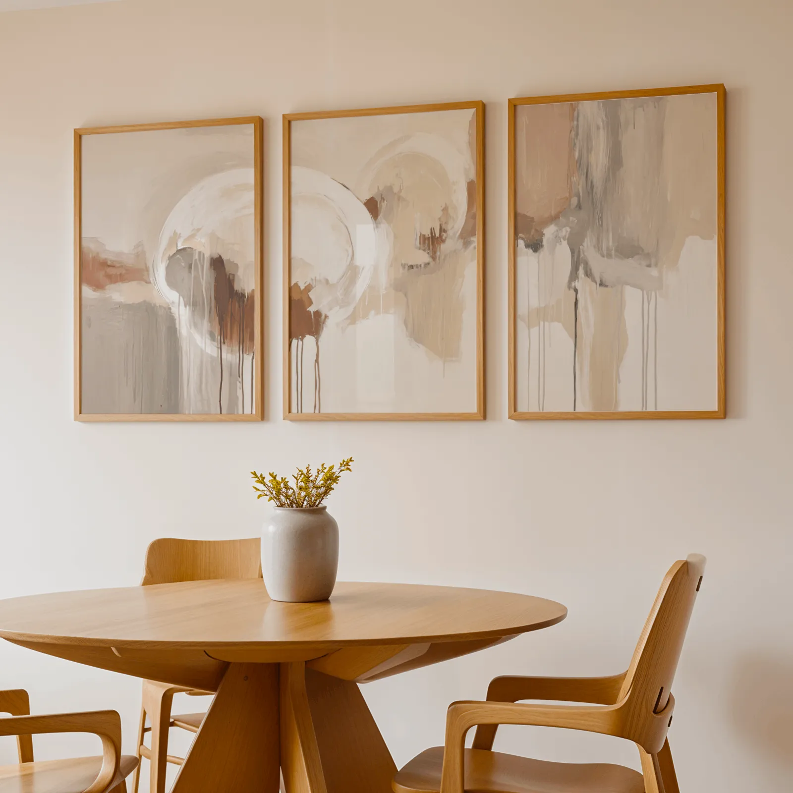 terracotta and grey abstract wall art set of 3, above a round wooden table with a stoneware vase
