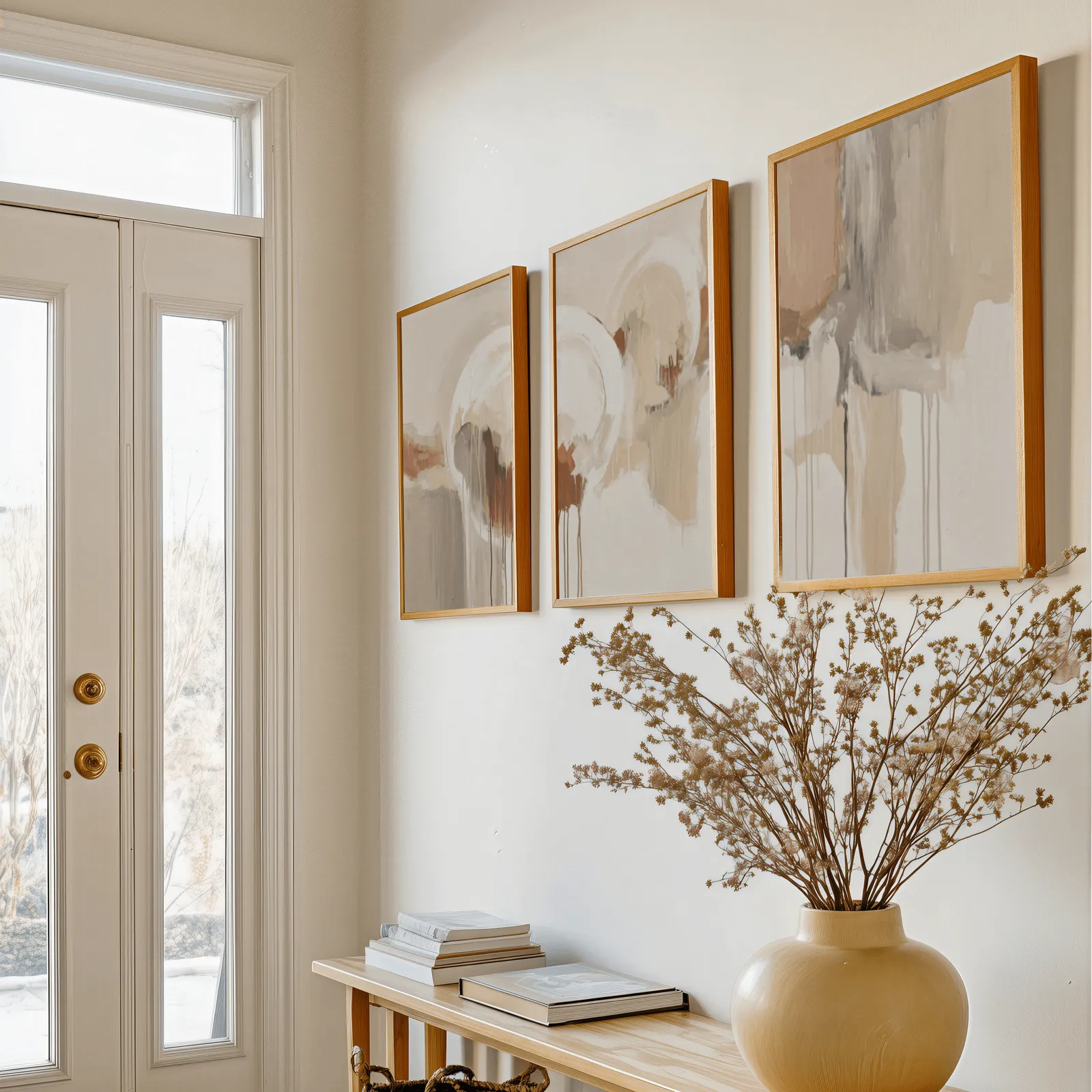 terracotta and grey abstract wall art set of 3, above a console table with a yellow vase of dried branches