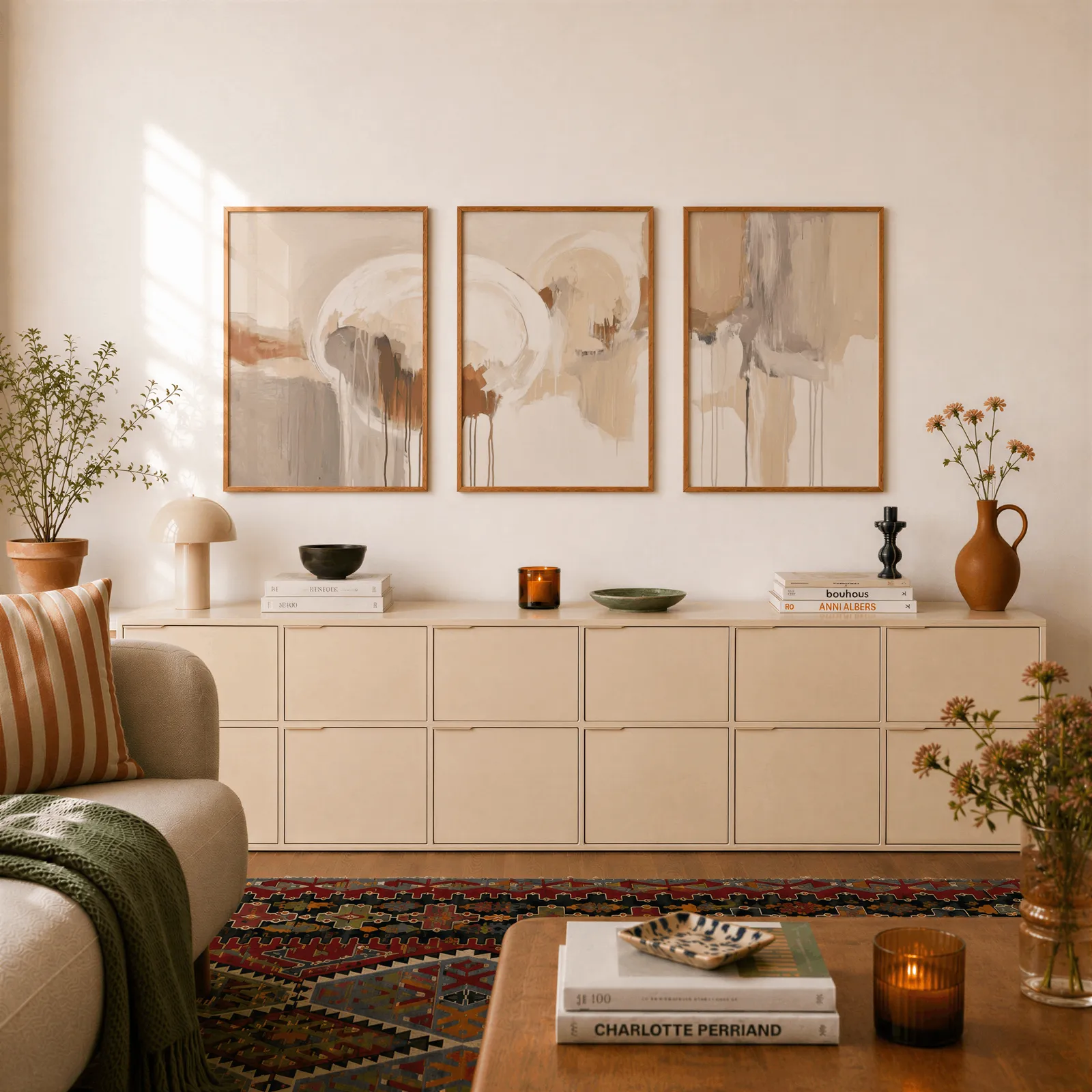 terracotta and grey abstract wall art set of 3, above a long cream sideboard topped with books and a terracotta jug