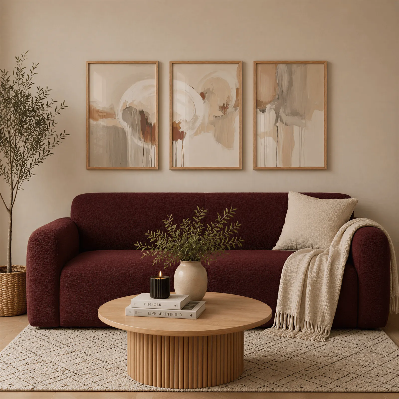 terracotta and grey abstract wall art set of 3, above a burgundy boucle sofa with a cream throw