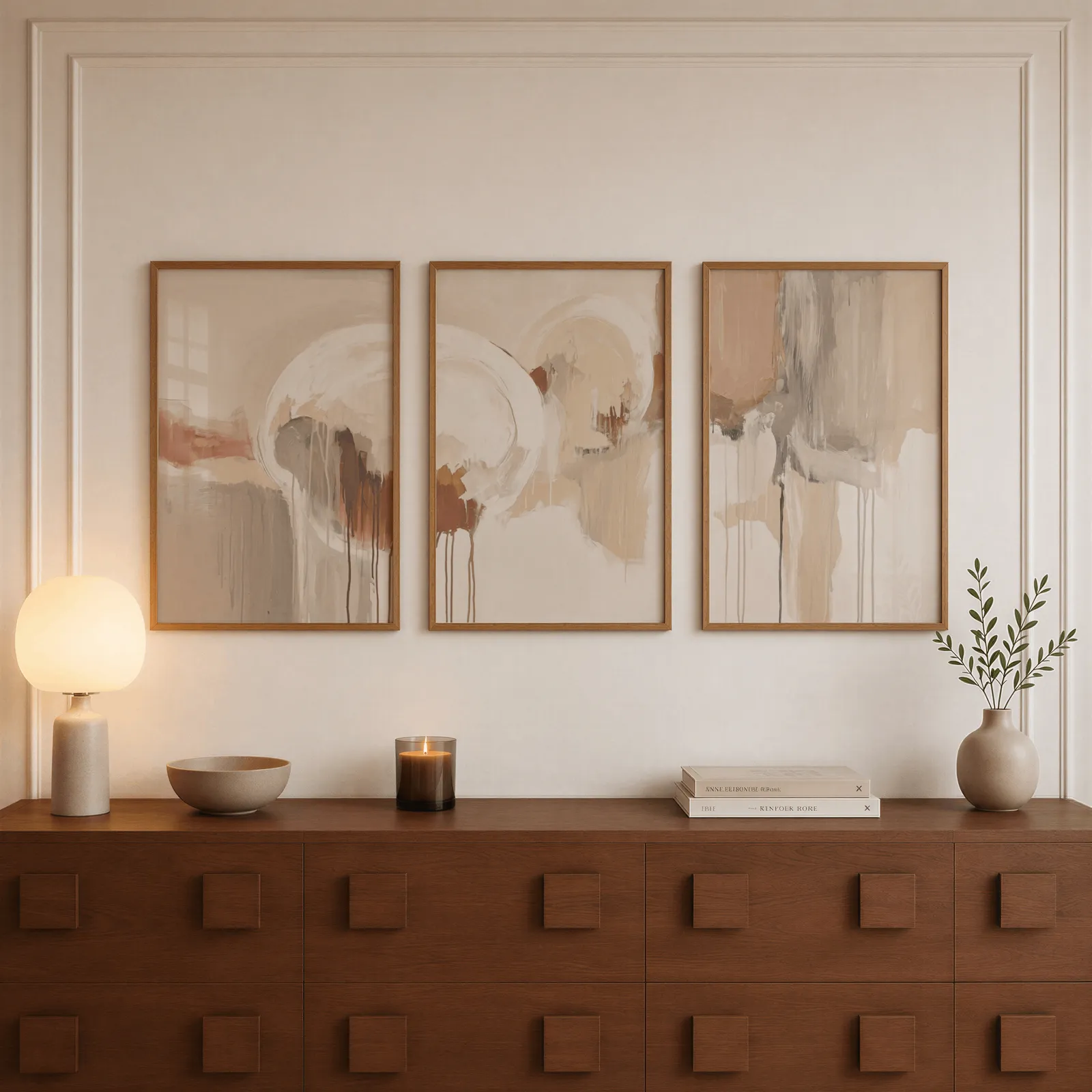 terracotta and grey abstract wall art set of 3, above a walnut sideboard with a lit candle and glowing lamp