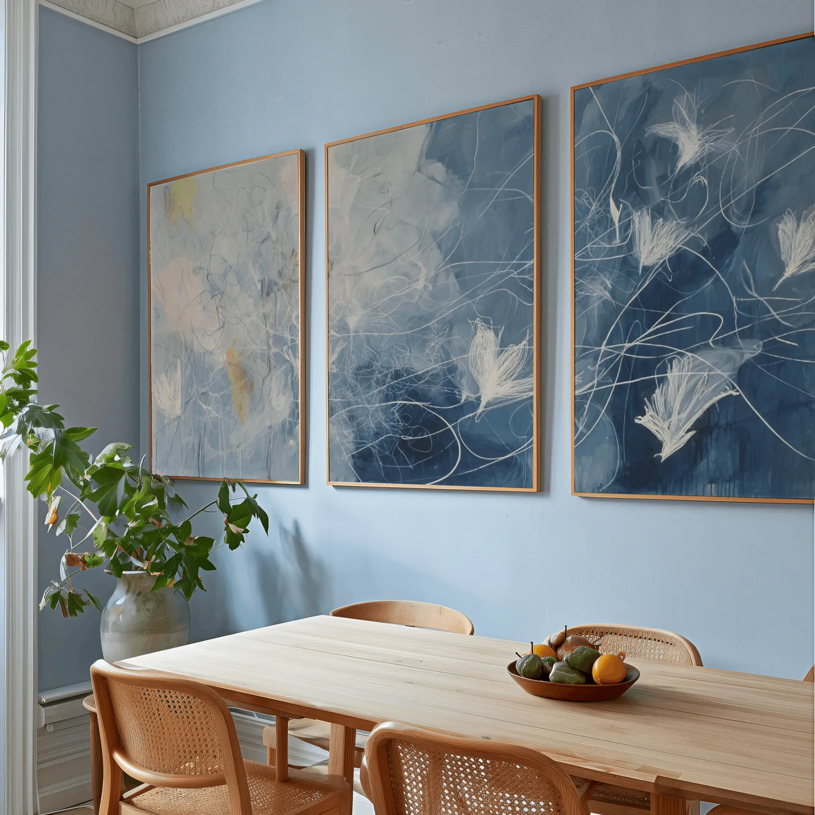 blue abstract floral triptych wall art, above a wooden dining table with cane chairs and a fruit bowl