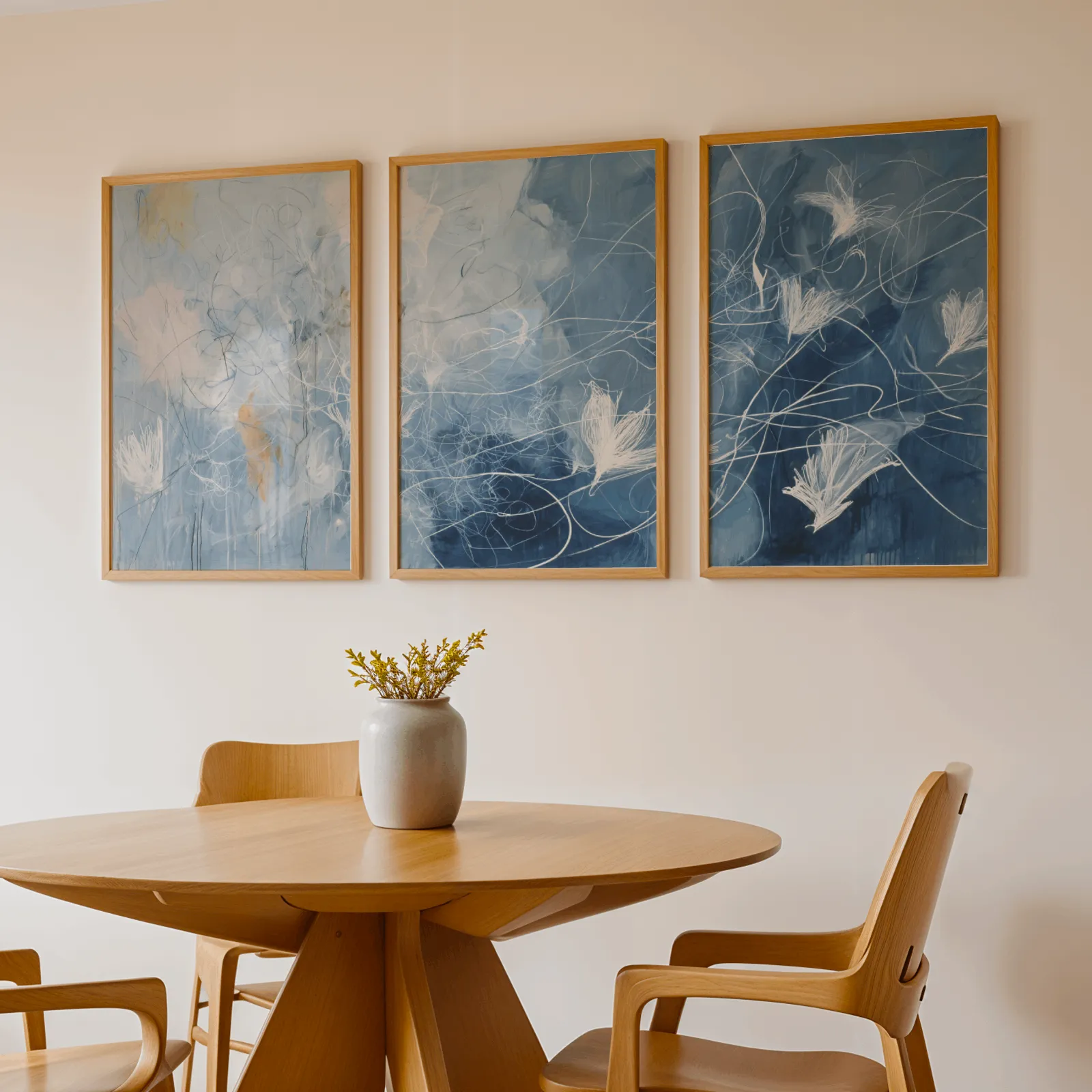 blue abstract floral triptych wall art, above a round wooden table with a stoneware vase