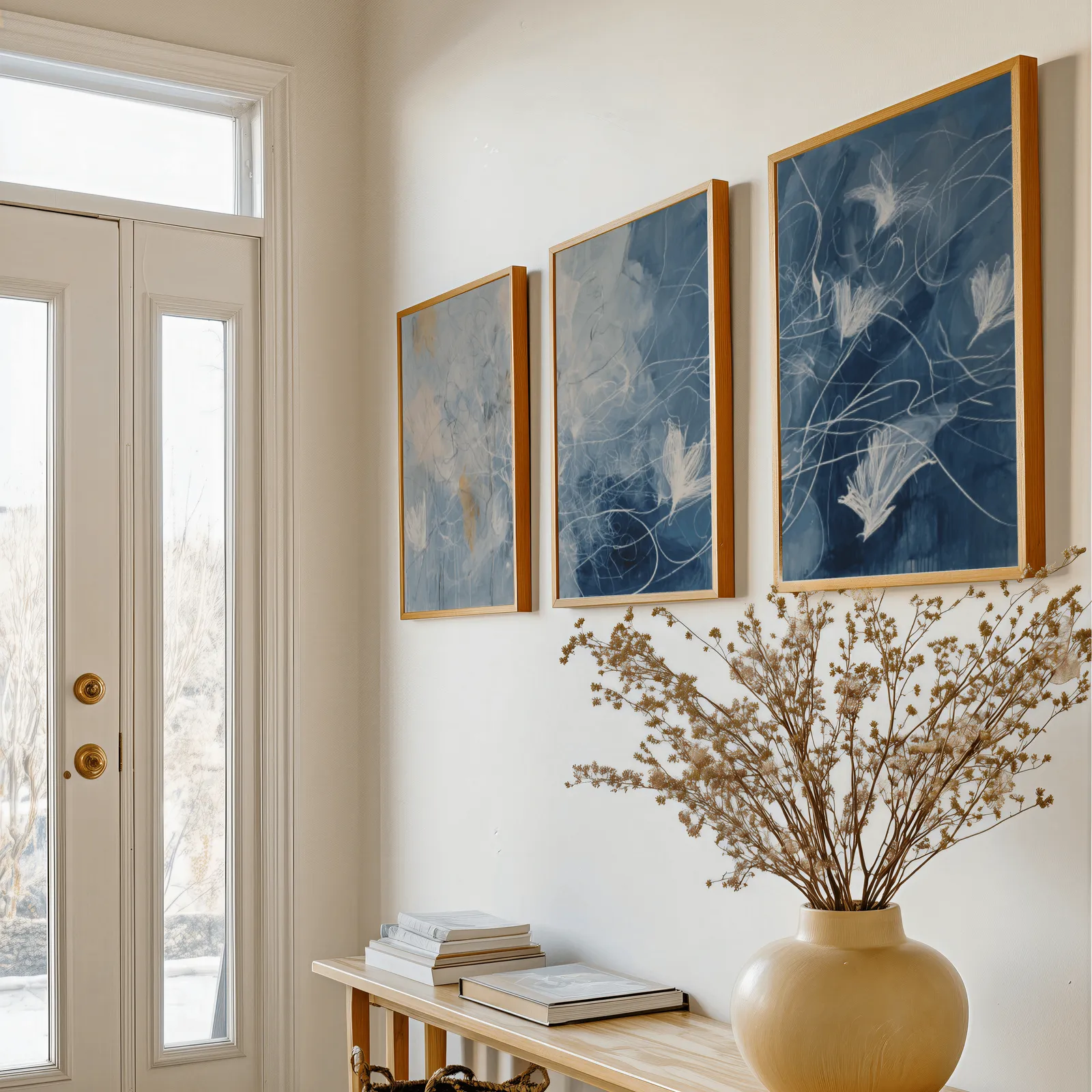 blue abstract floral triptych wall art, above a console table with a yellow vase of dried branches