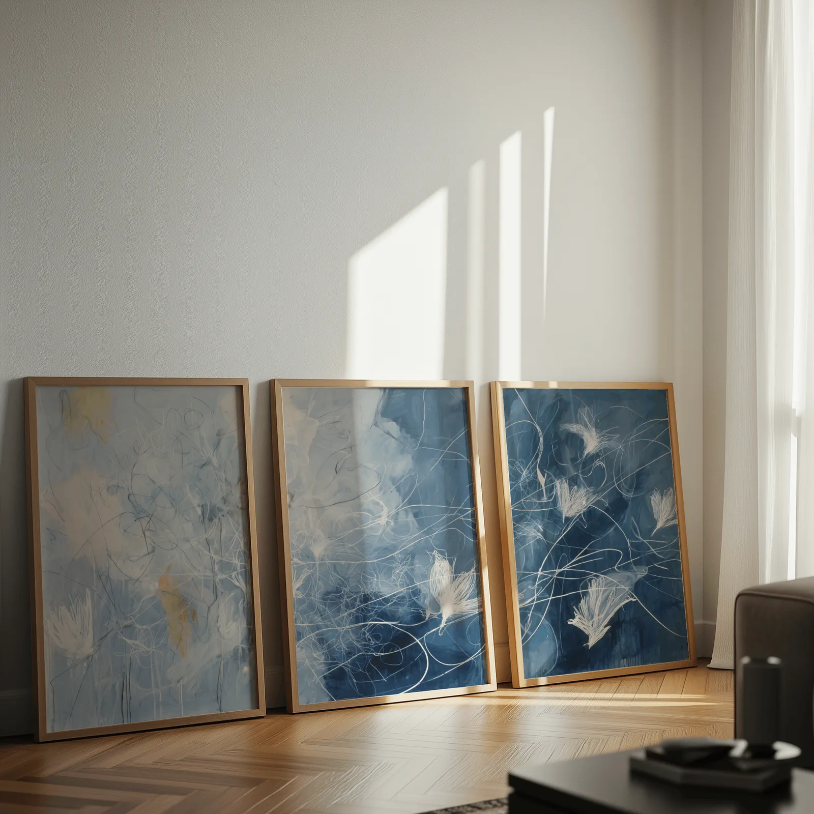 blue abstract floral triptych wall art, leaning against a sunlit wall on herringbone flooring