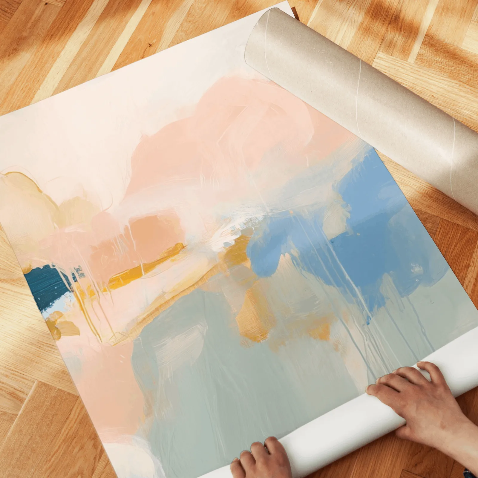 colorful abstract wall art set of 3 in blue and orange, unrolled across a herringbone wood floor by hand