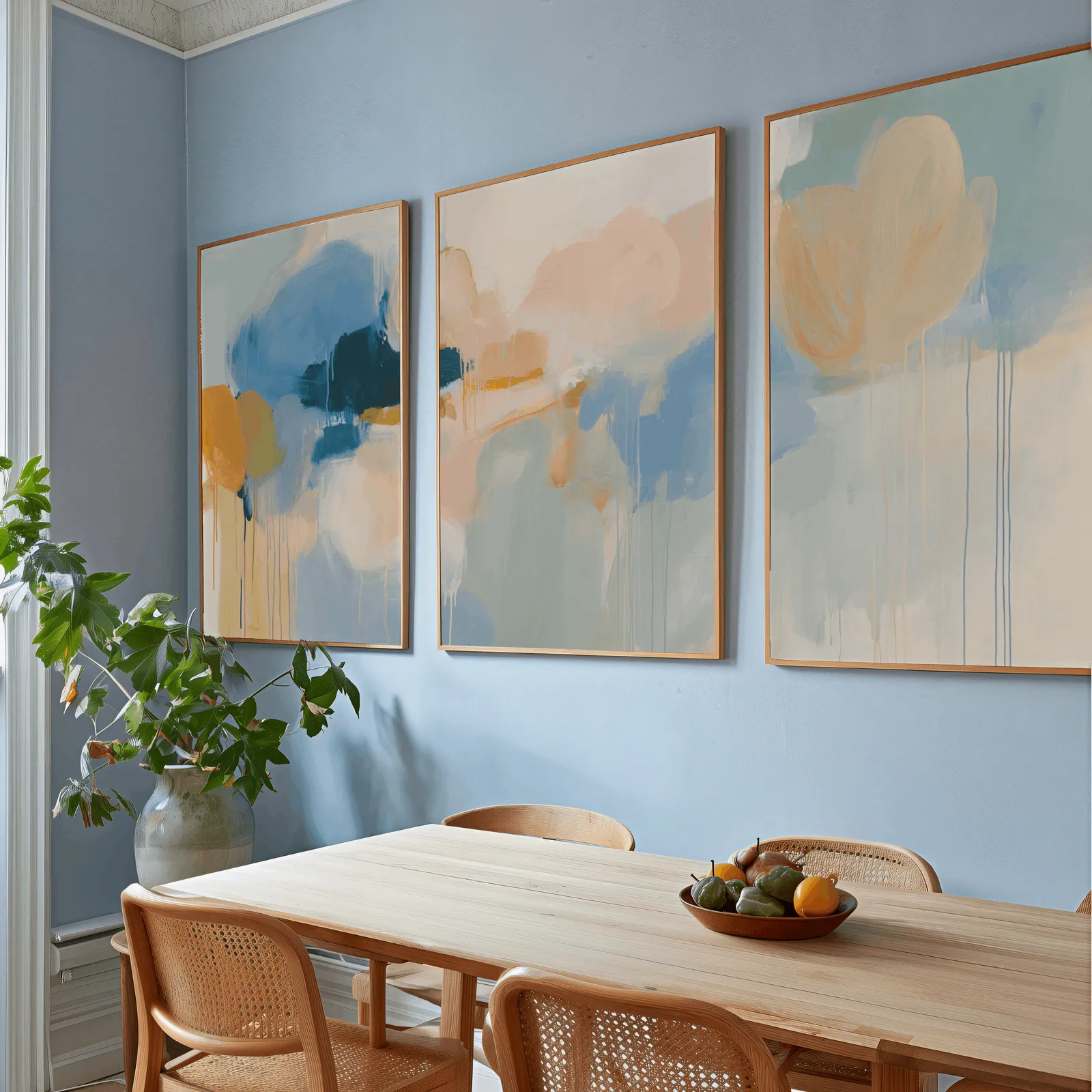 colorful abstract wall art set of 3 in blue and orange, above a wooden dining table with cane chairs and a fruit bowl
