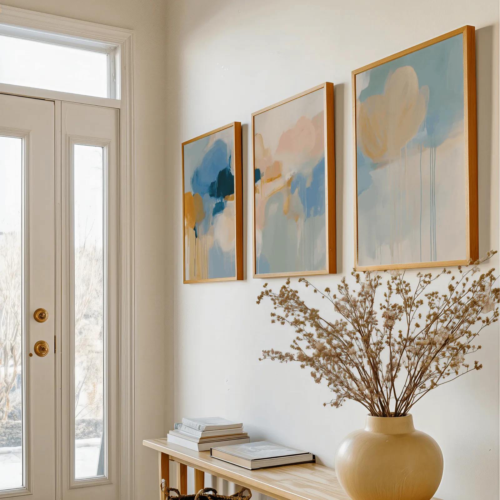 colorful abstract wall art set of 3 in blue and orange, above a console table with a yellow vase of dried branches