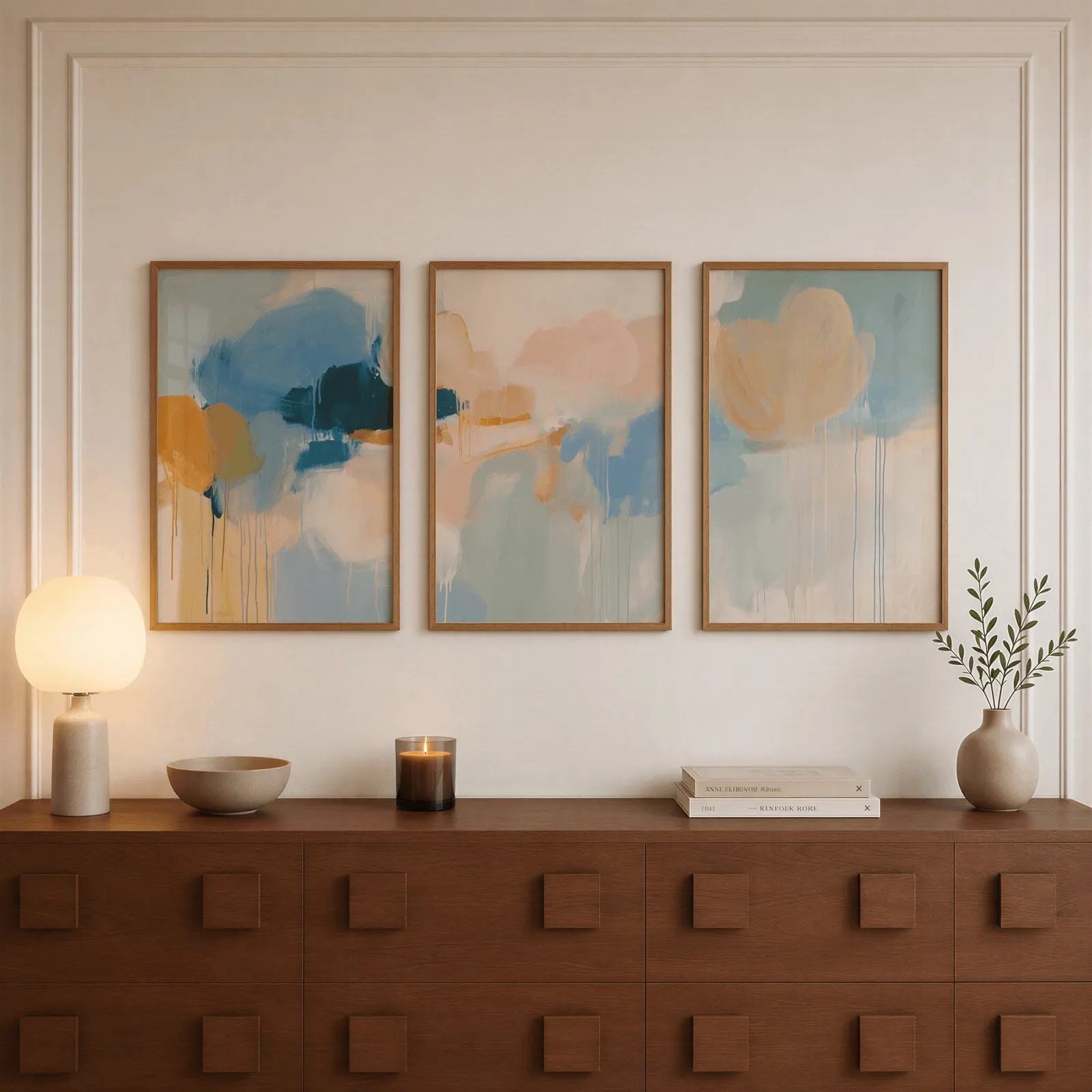 colorful abstract wall art set of 3 in blue and orange, above a walnut sideboard with a lit candle and glowing lamp