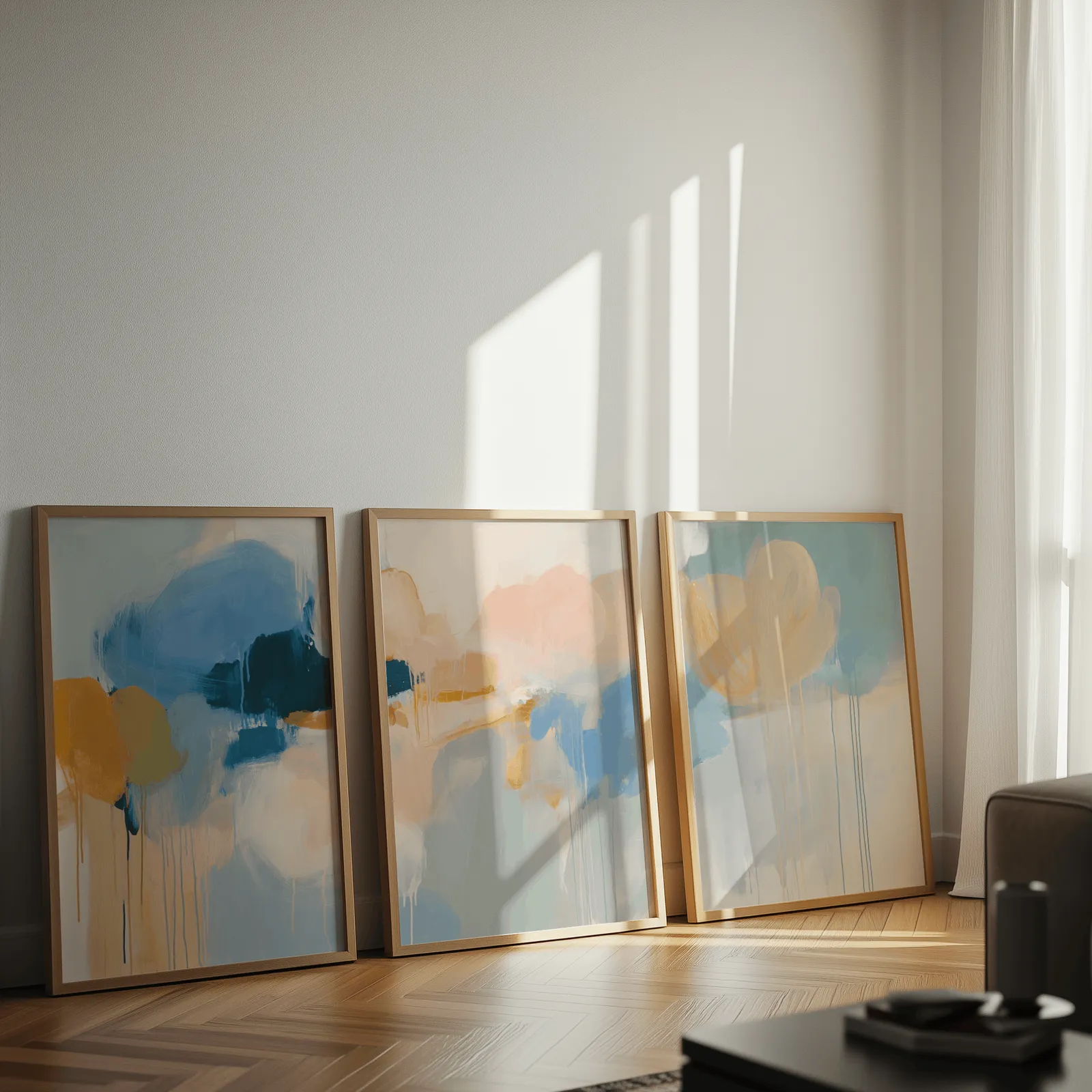 colorful abstract wall art set of 3 in blue and orange, leaning against a sunlit wall on herringbone flooring