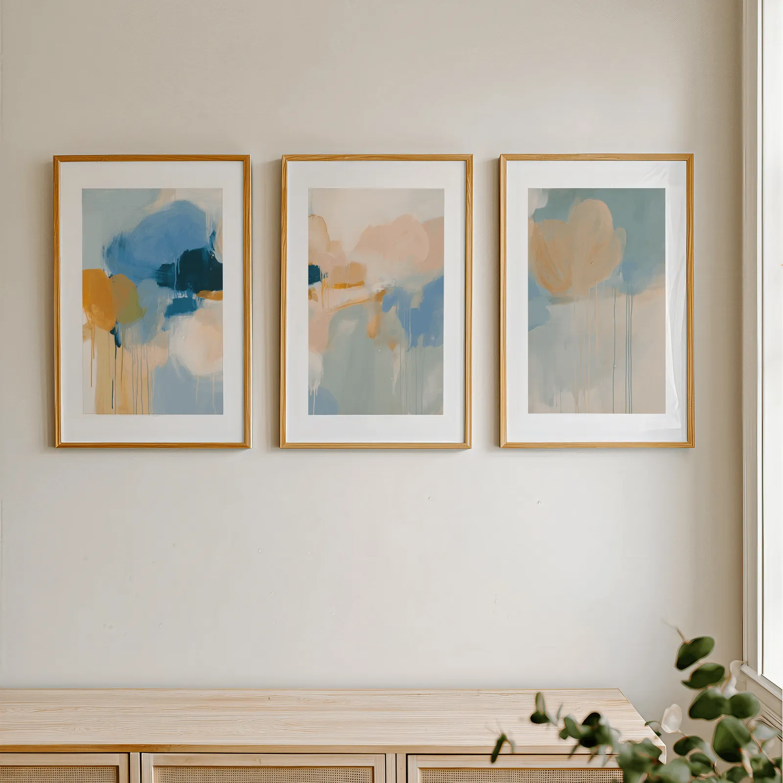 colorful abstract wall art set of 3 in blue and orange, in a row above a light wooden sideboard near a window