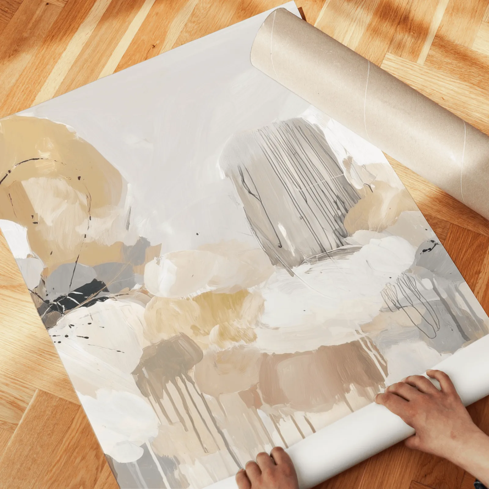 beige and grey abstract triptych wall art, unrolled across a herringbone wood floor by hand